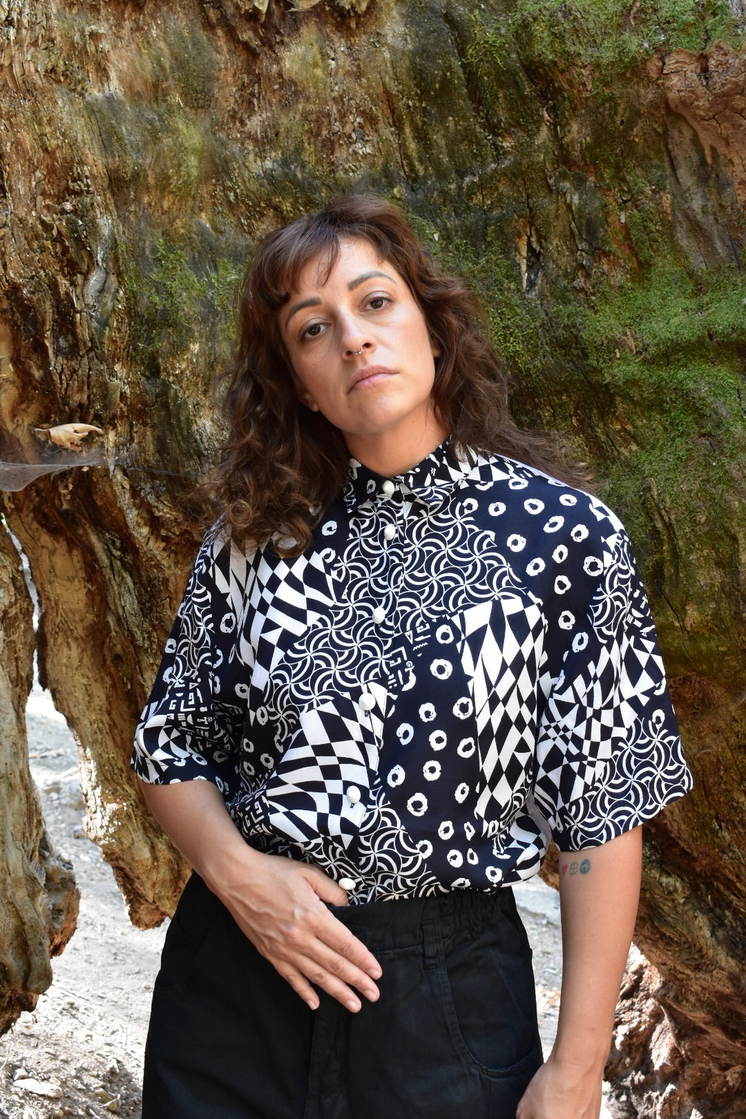 Vintage Button-Up Shirt (Abstract Black & White Print)