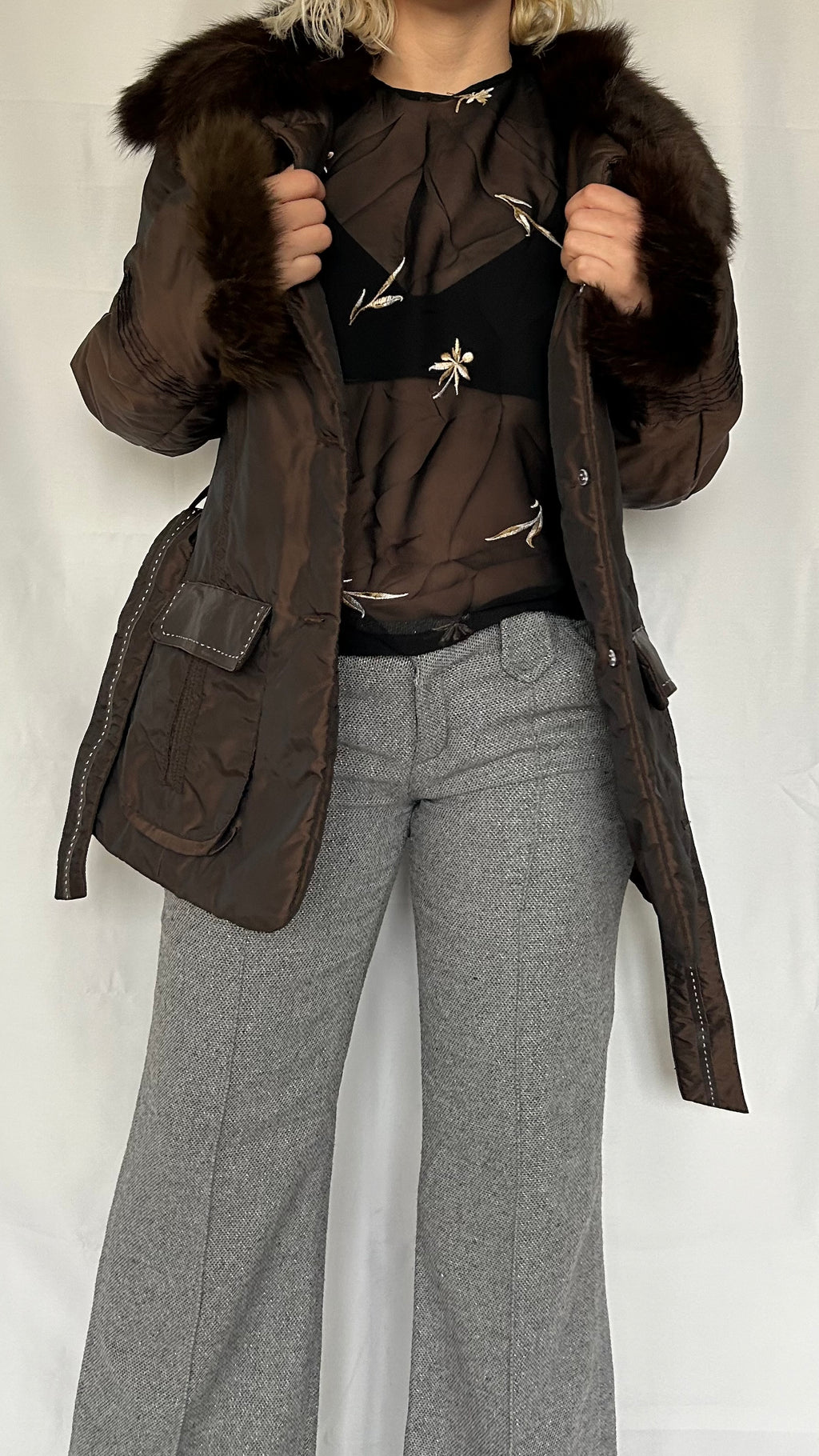 Vintage 2000s Brown Nylon Puffer Coat with Real Fox Fur Collar & Cuffs