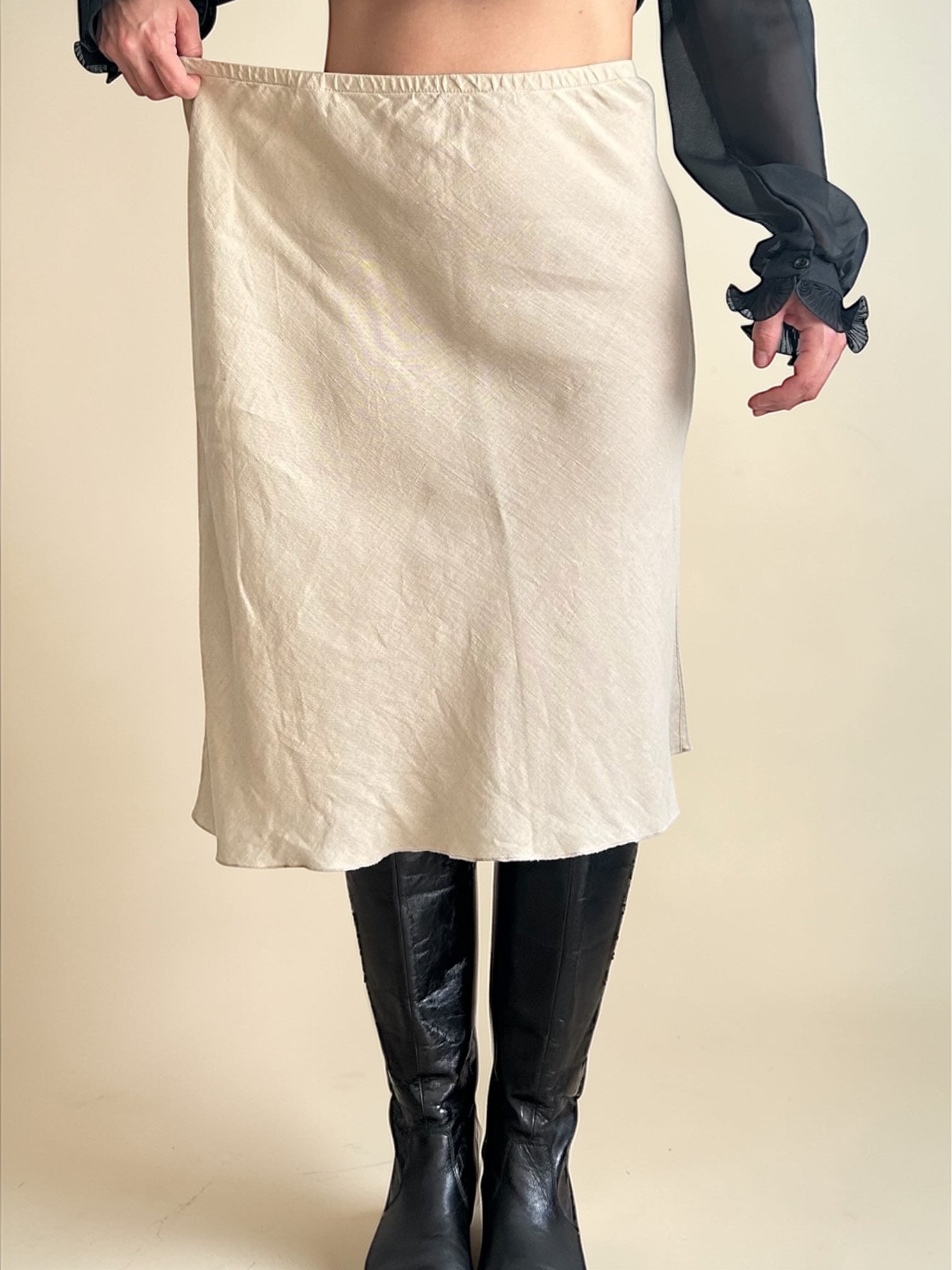 90s Minimalist 100% Natural Linen Midi Skirt