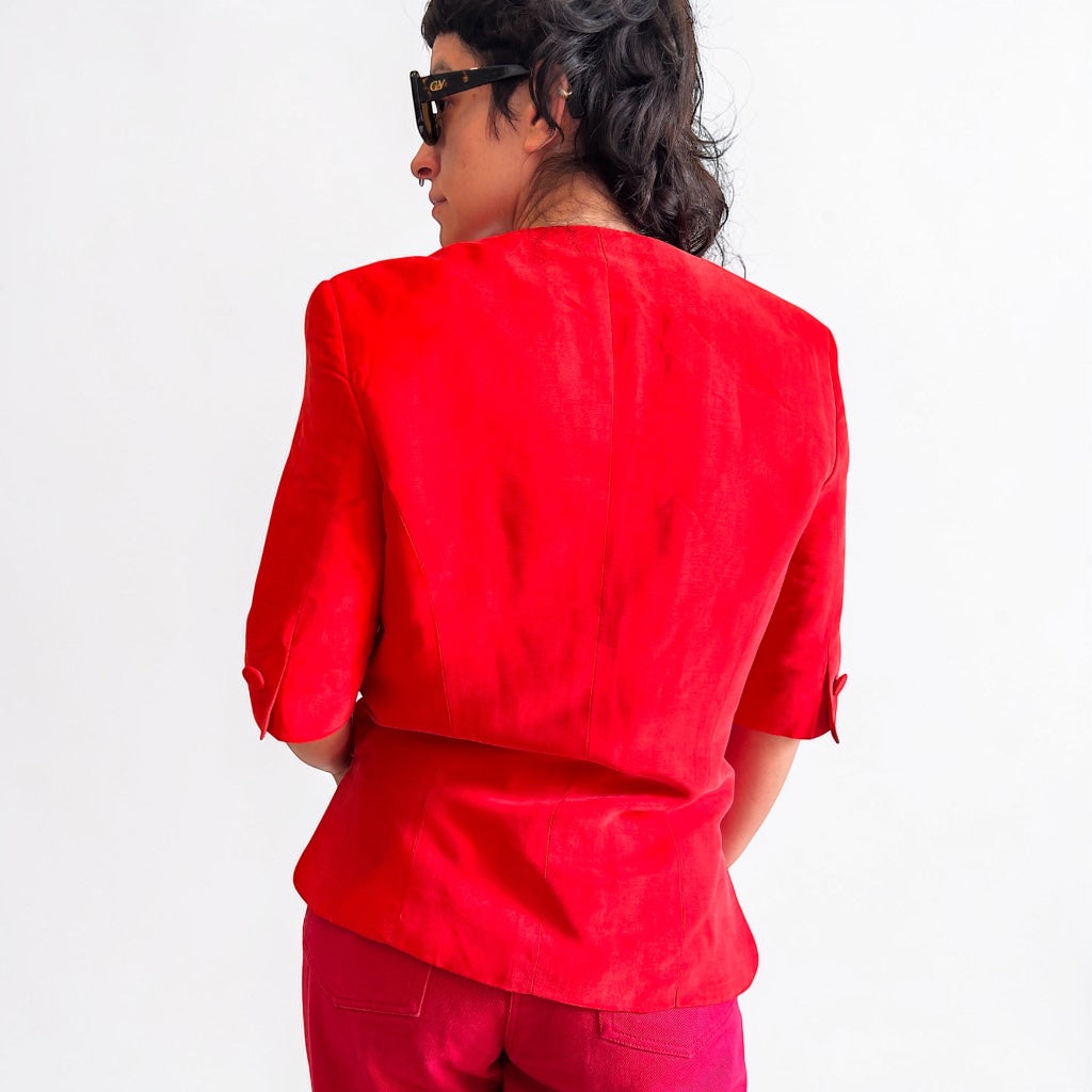 Vintage Structured Red Blazer • Short Sleeve • Vibrant Scarlet