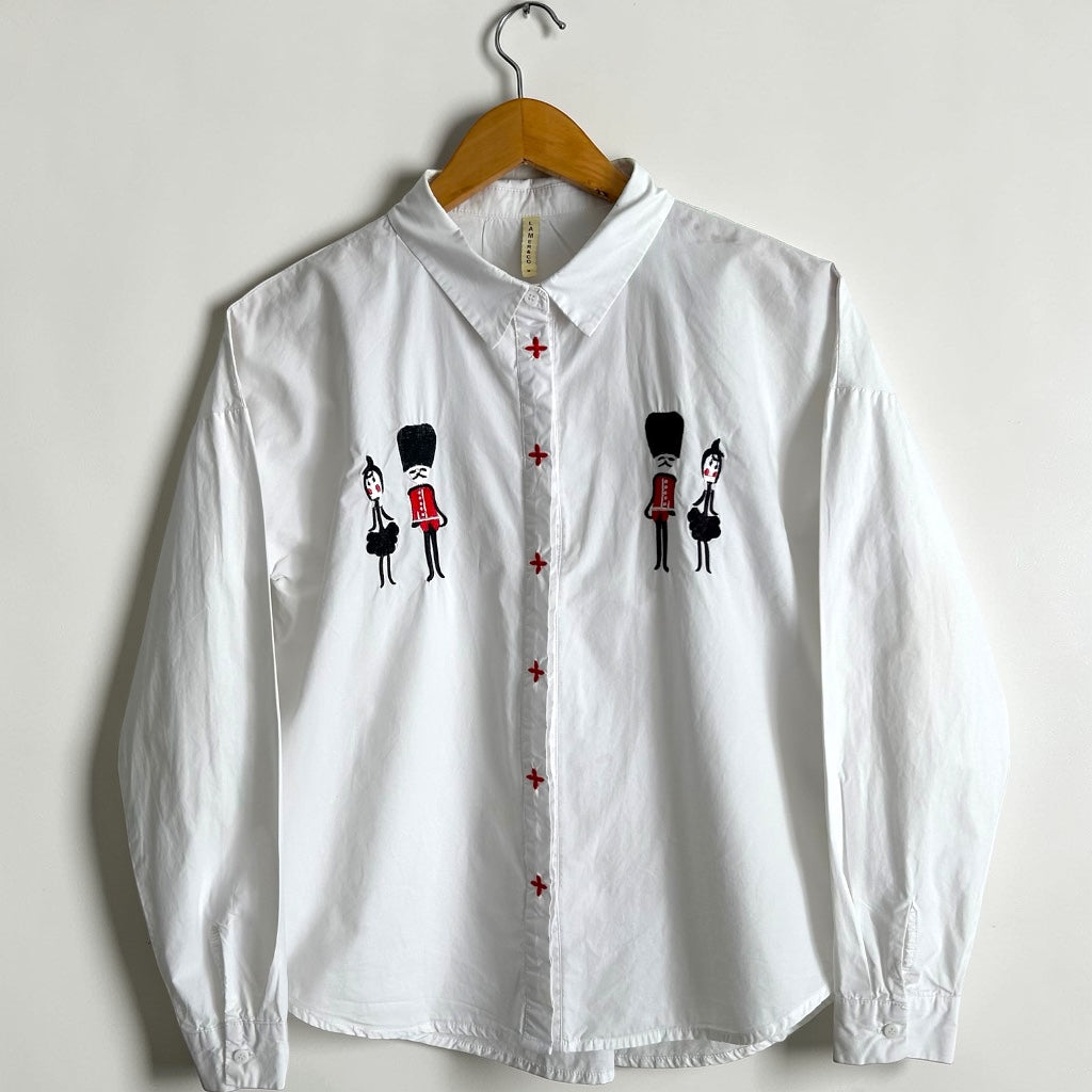 Whimsical Embroidered White Shirt • London Guard & Character Motifs