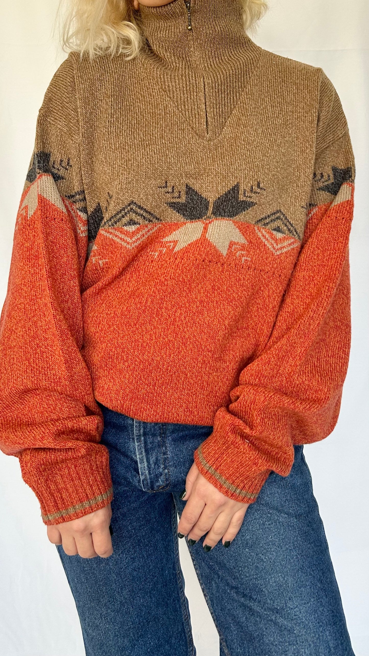 Vintage Patterned Zip Sweater