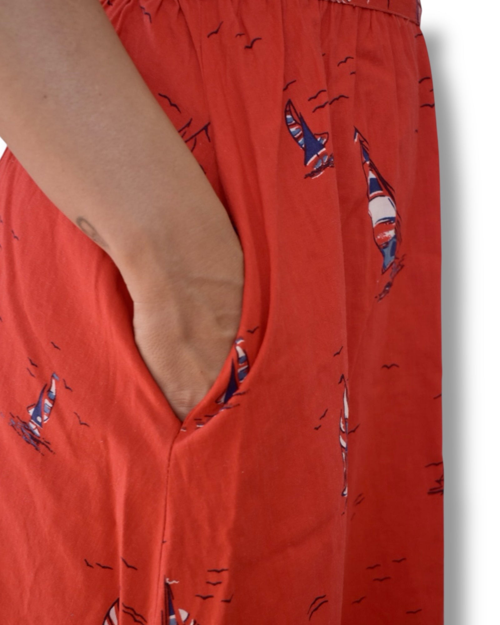 Vintage 80s Red Sailboat Print Midi Dress | Sweetheart Neckline