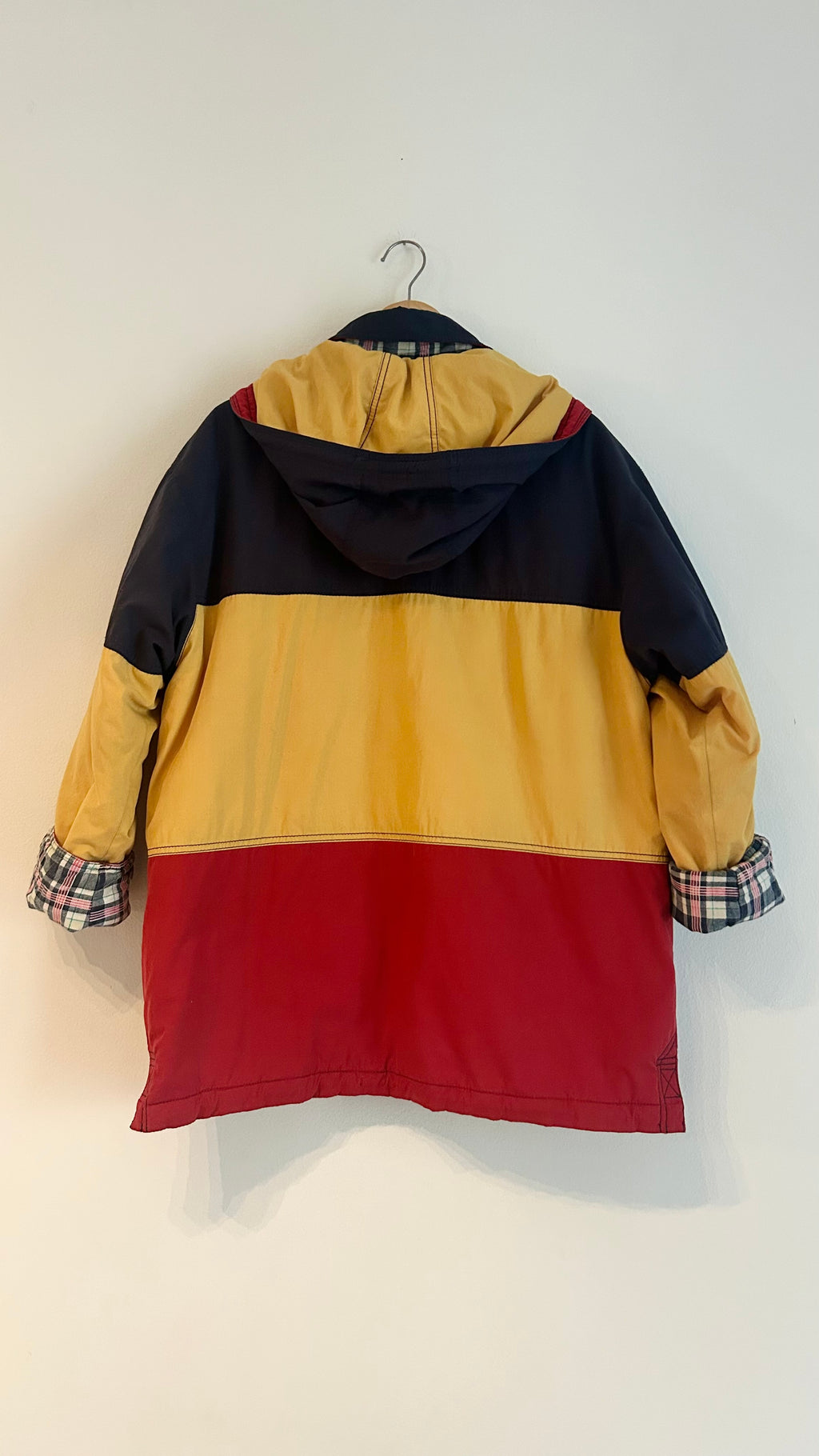 1980s Padded Hooded Jacket – Red, Yellow & Navy – Color Block Coat