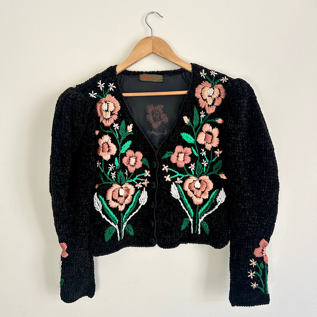 Handmade Black Chenille Floral Cardigan