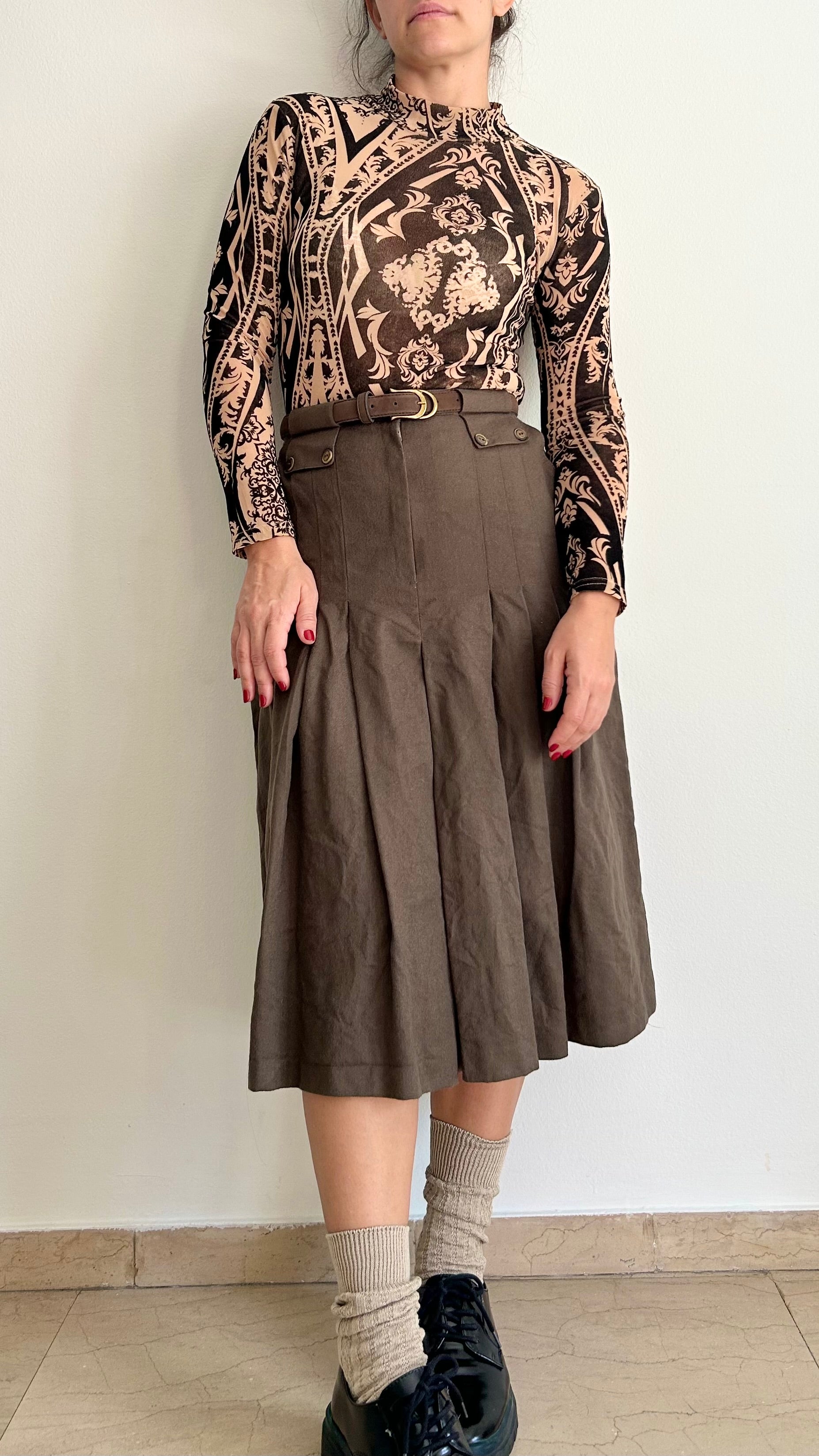 Vintage Wool Midi Skirt – Dark Brown Pleated with Belt (S–M)