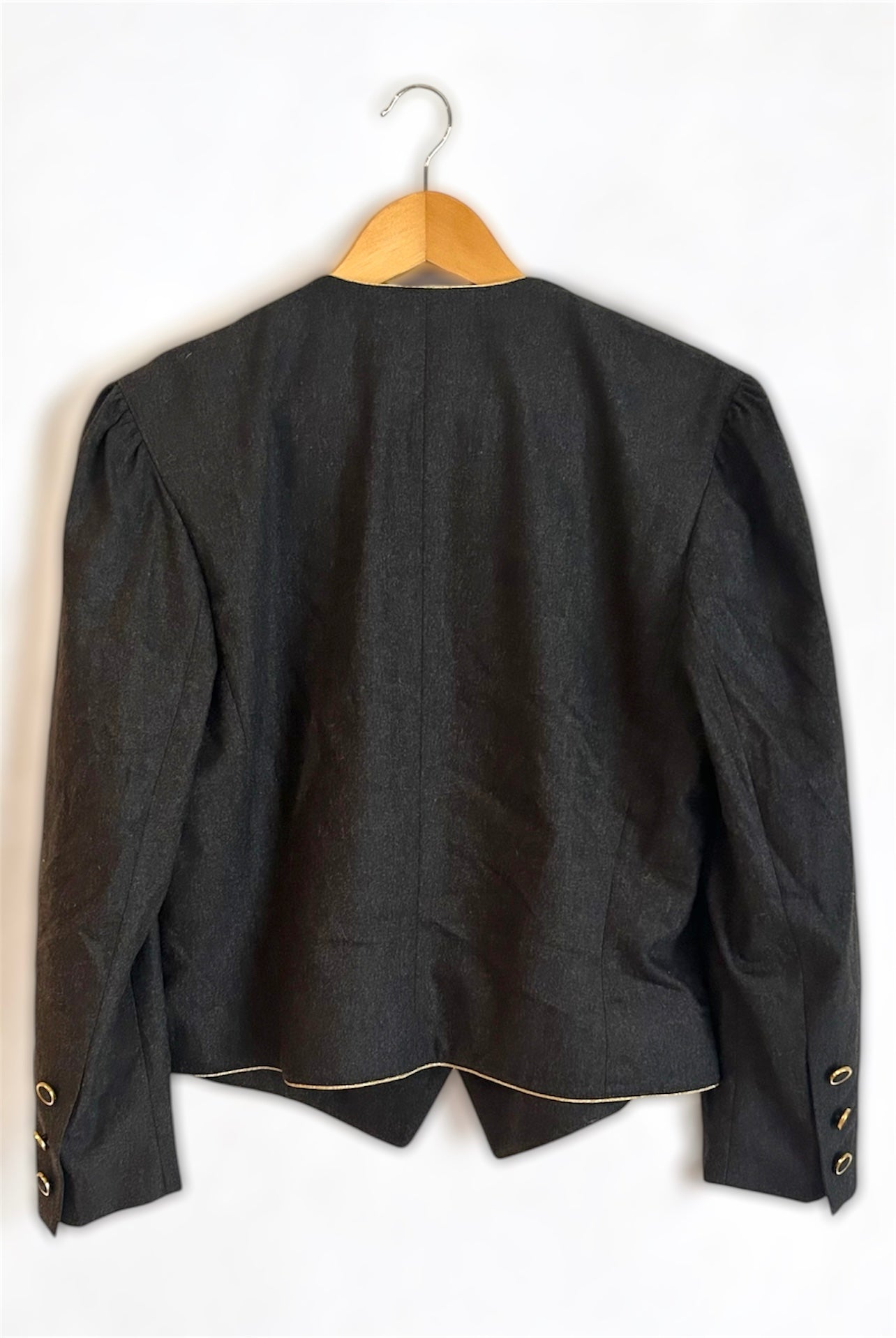 Vintage Dark Grey Blazer – Gold Trim & Beaded Detail