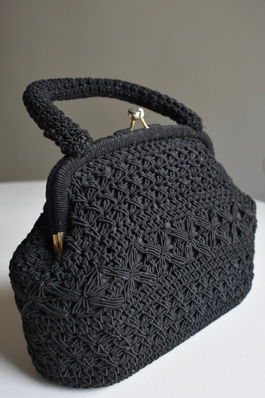 Vintage Black Macramé Handbag – 1950s/60s