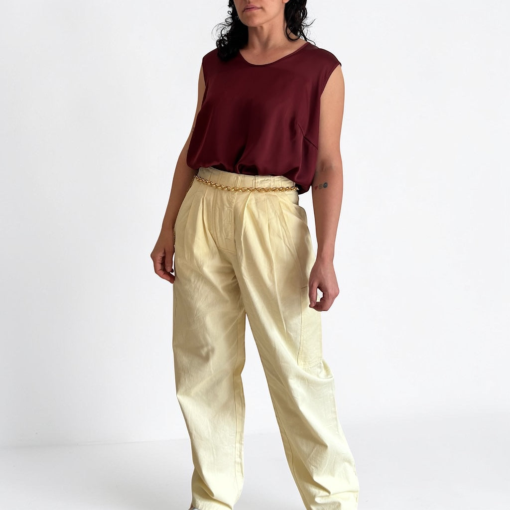 90s Butter Yellow Pleated Utility Cargo Trousers • Wide Leg