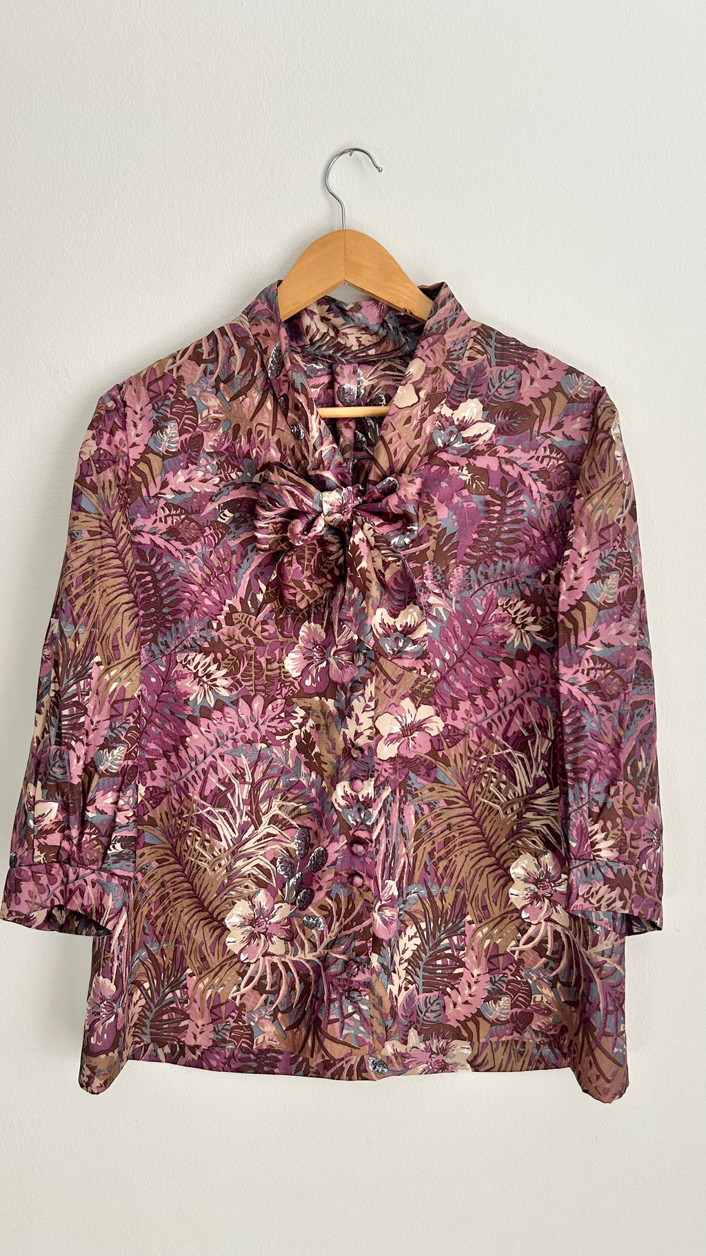 Handmade Long-Sleeve Double-Button Blouse with Neck Tie – Dark Purple Floral