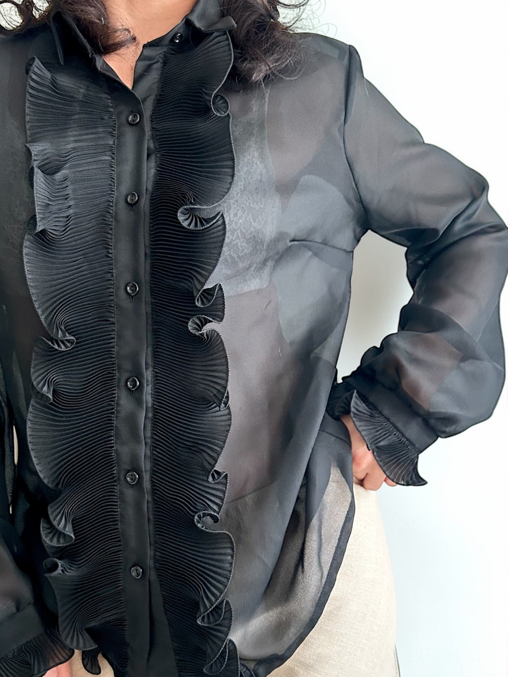 Vintage Sheer Pleated Ruffle Blouse