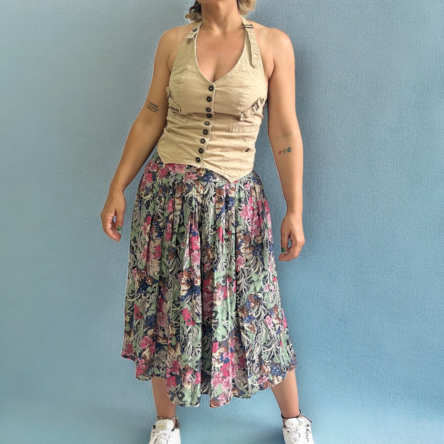 Vintage Pleated Flared Midi Skirt