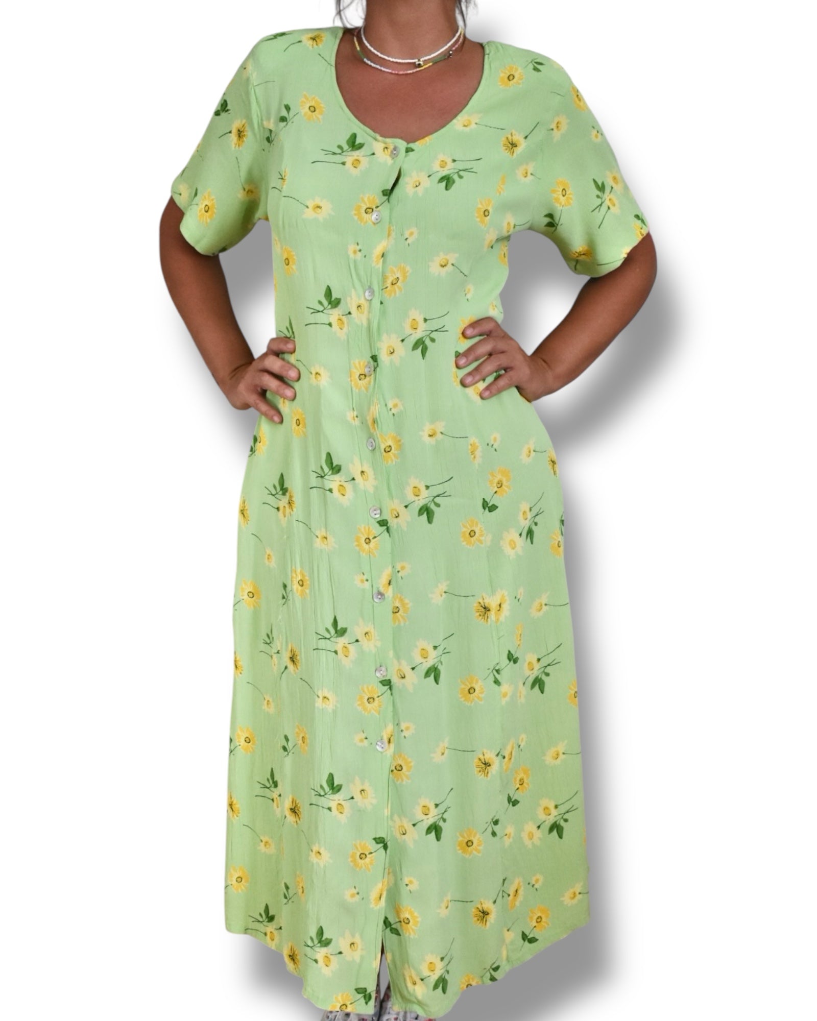 Vintage 80s/90s Green Floral Midi Dress – 100% Viscose