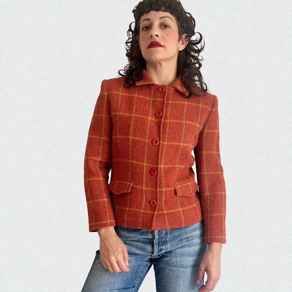 Cyrillus Paris 100% Virgin Wool Orange Plaid Jacket