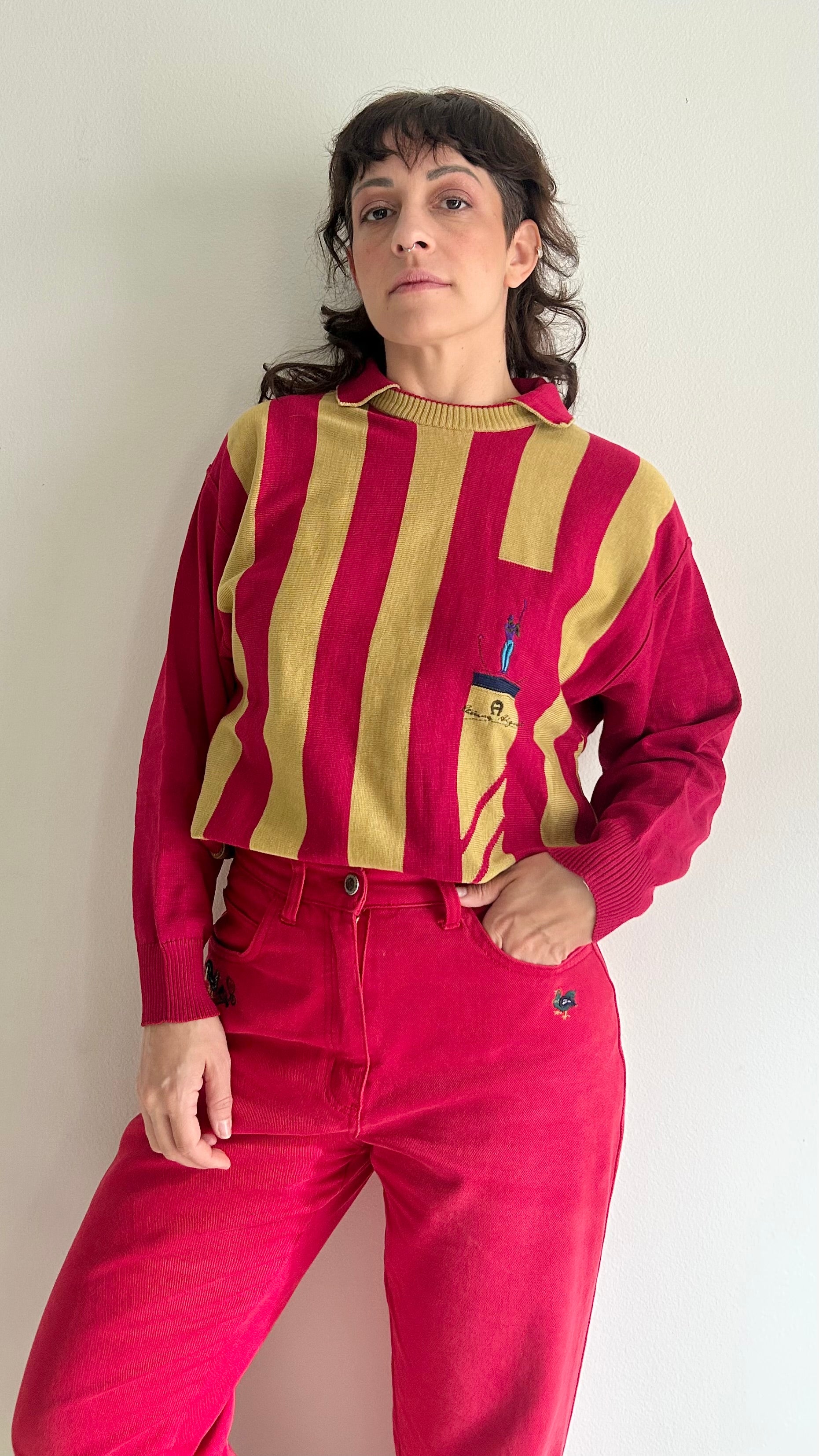 Vintage Etienne Aigner Striped Long Sleeve Polo