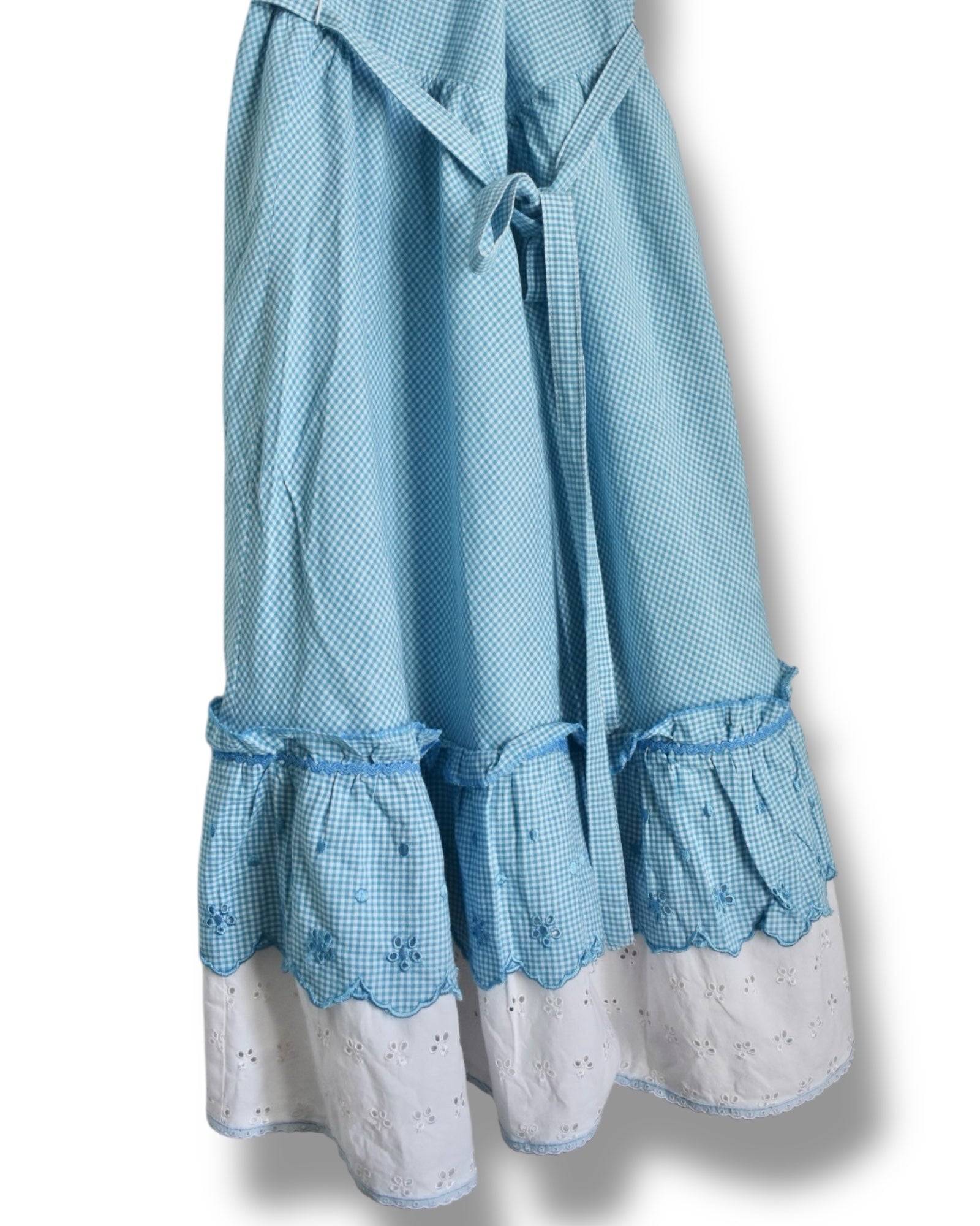 Vintage Blue Gingham Cotton Dress with Eyelet Trim
