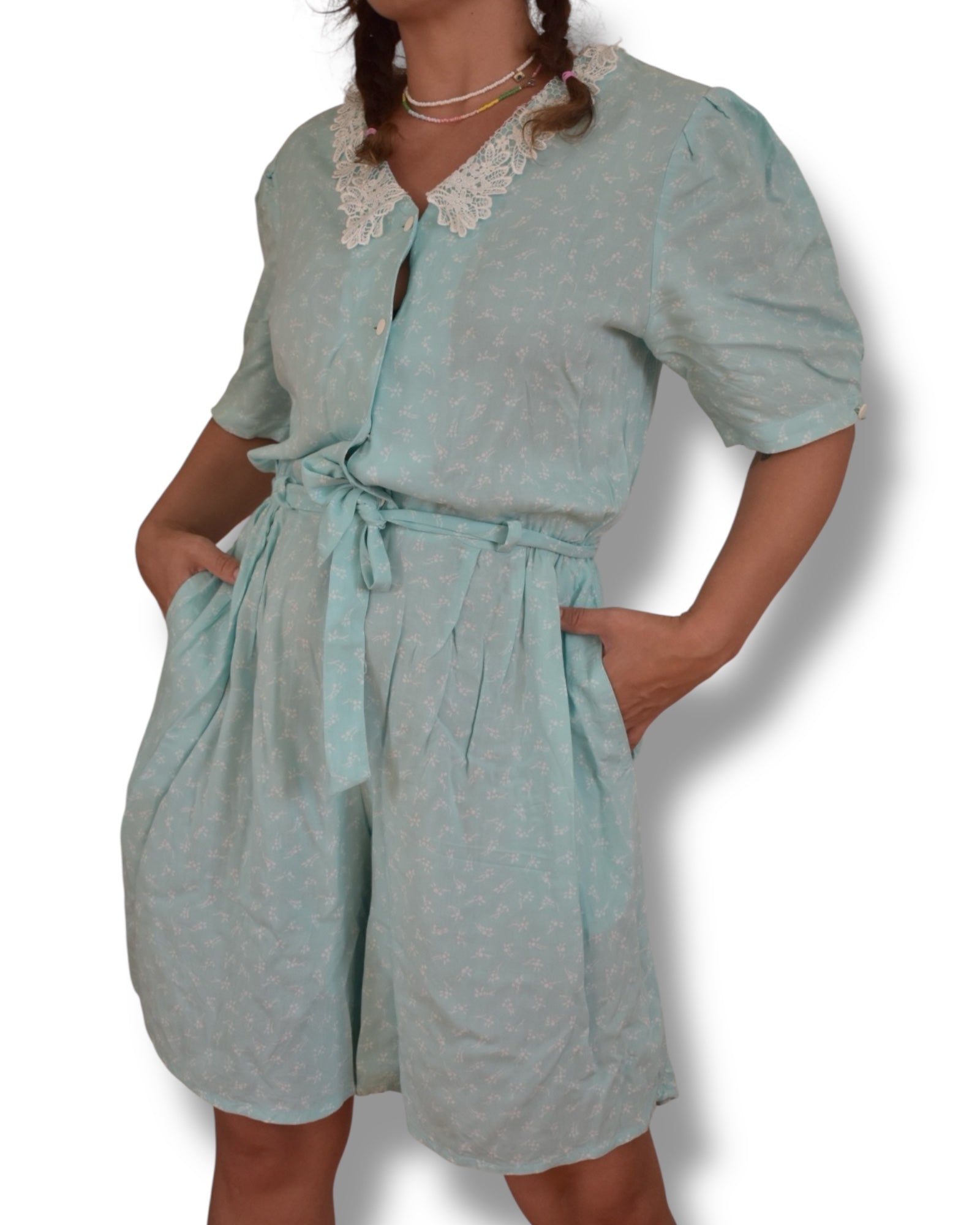 Vintage Aqua Green Viscose Jumpsuit with Lace Collar and Tiny White Floral Print