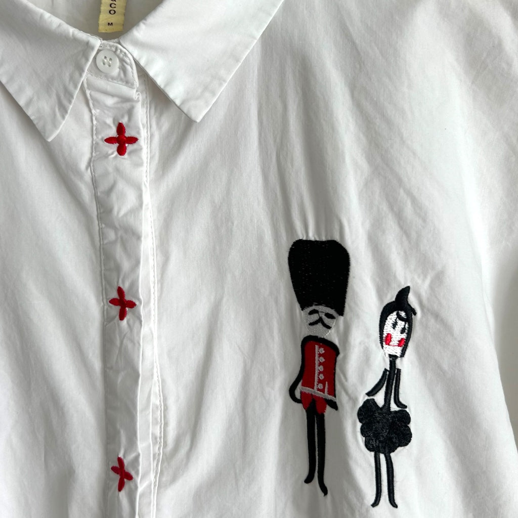 Whimsical Embroidered White Shirt • London Guard & Character Motifs