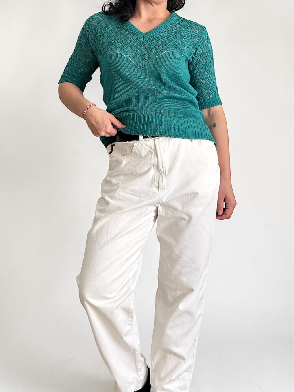 80s Green Pointelle Knit Top • Short Sleeve V-Neck