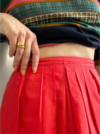 Vintage Pleated Flared Red Midi Skirt