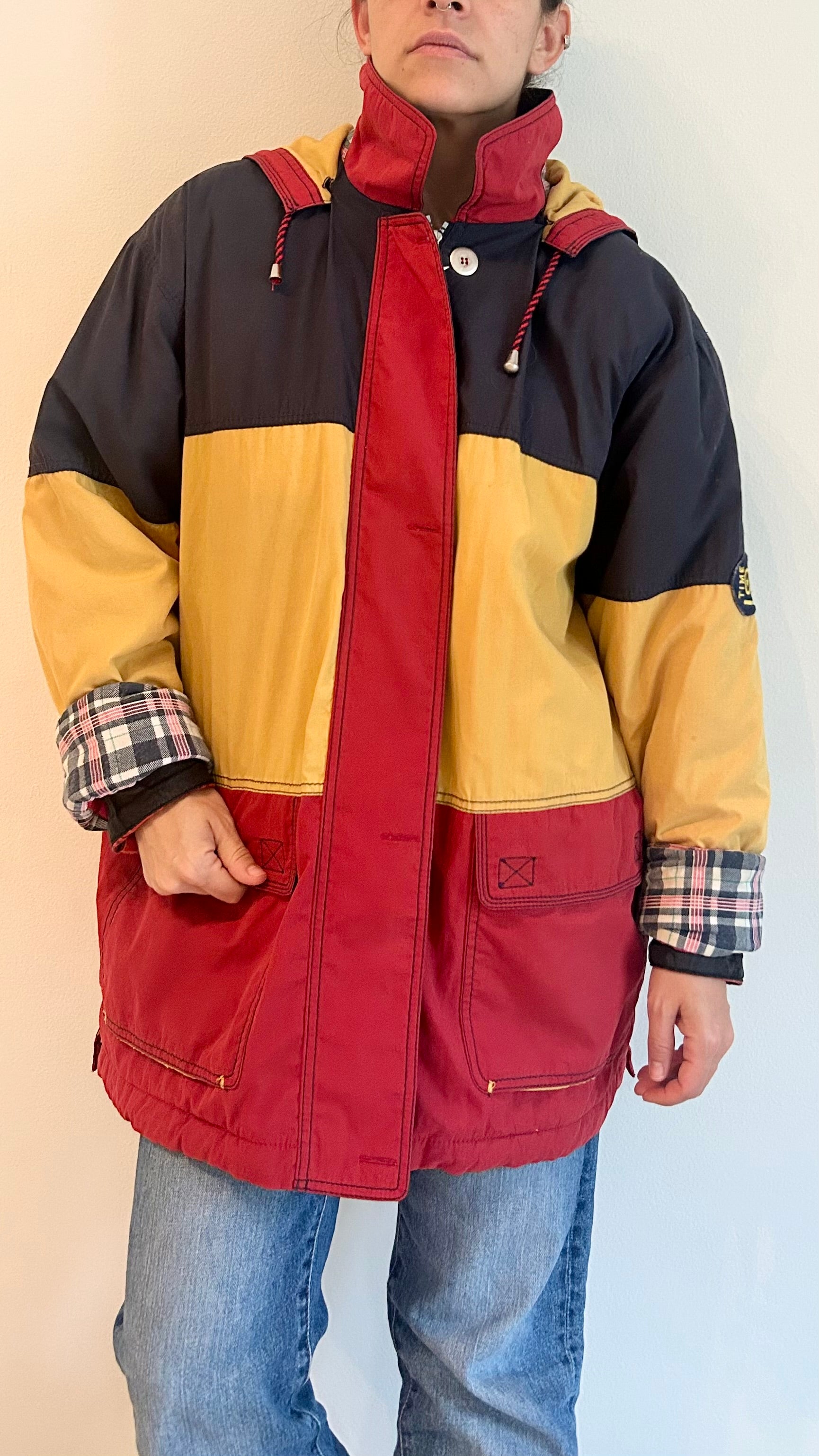 1980s Padded Hooded Jacket – Red, Yellow & Navy – Color Block Coat