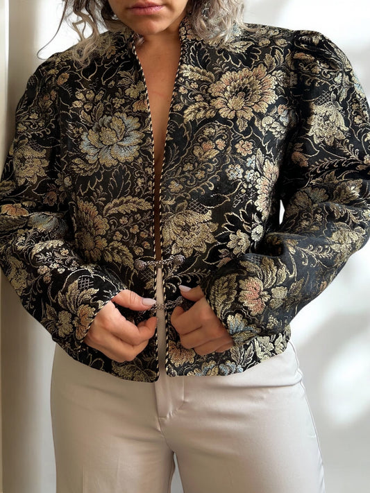 Vintage Tapestry Cropped Blazer with Puff Sleeves