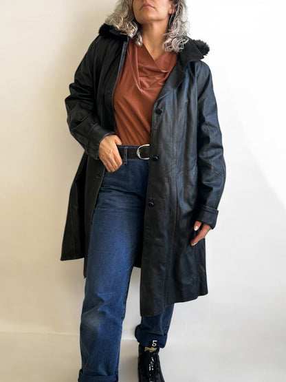 Vintage Leather Hooded Coat (Removable Hood and Warmer)