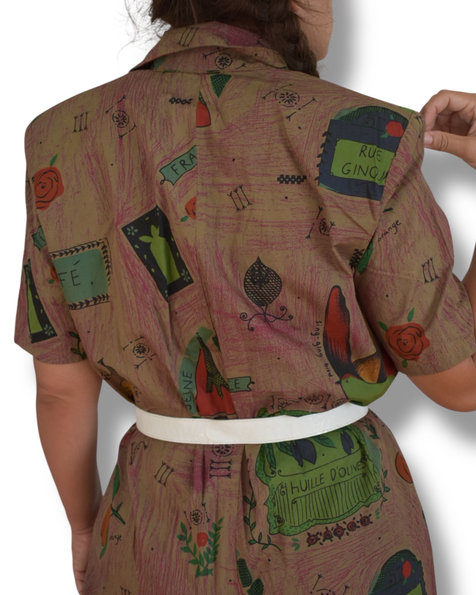 Vintage 80s Printed Jumpsuit – Oversized, Cotton, Shoulder Pads