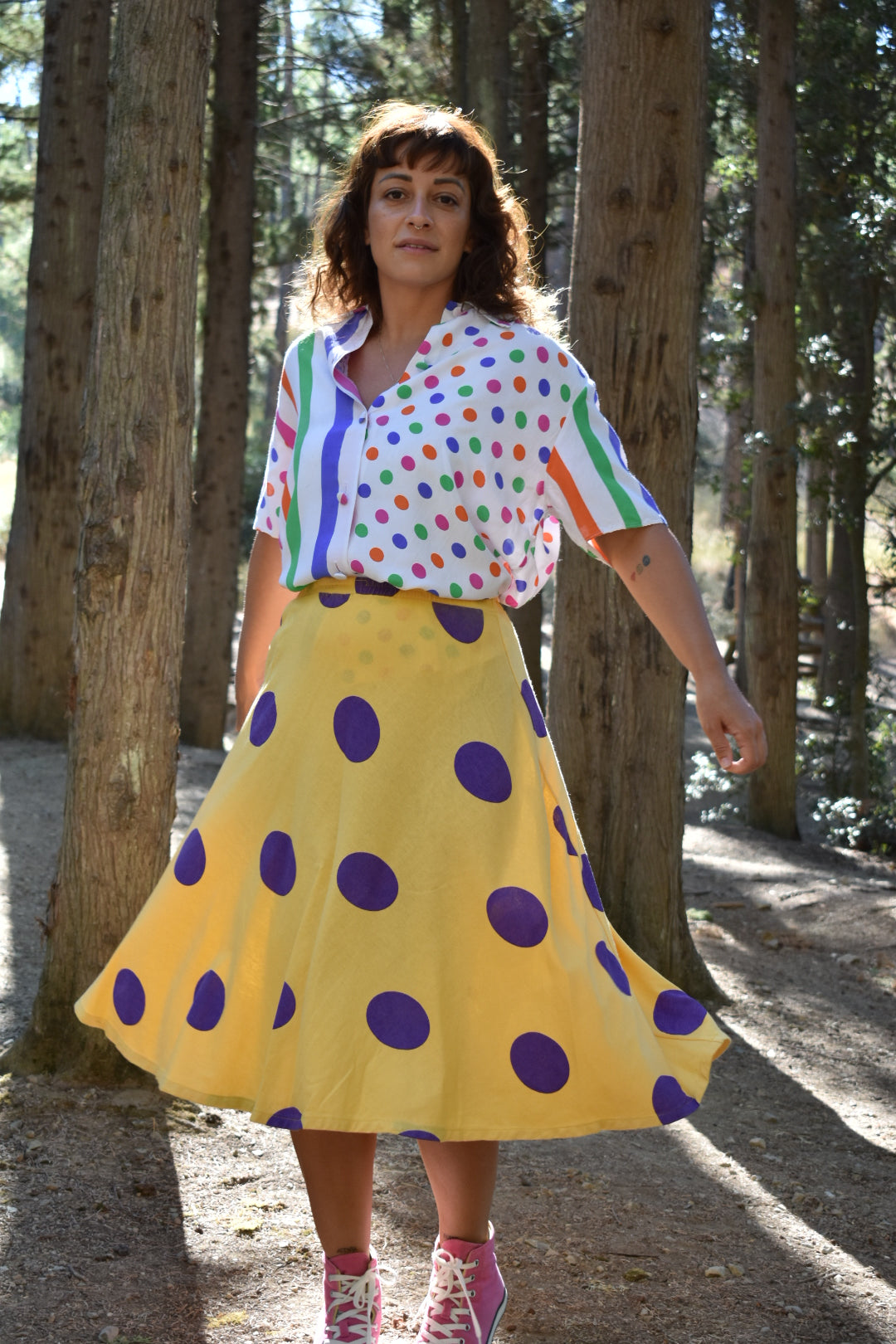 Short-Sleeve Button-Up Shirt with Colorful Stripes & Polka Dots
