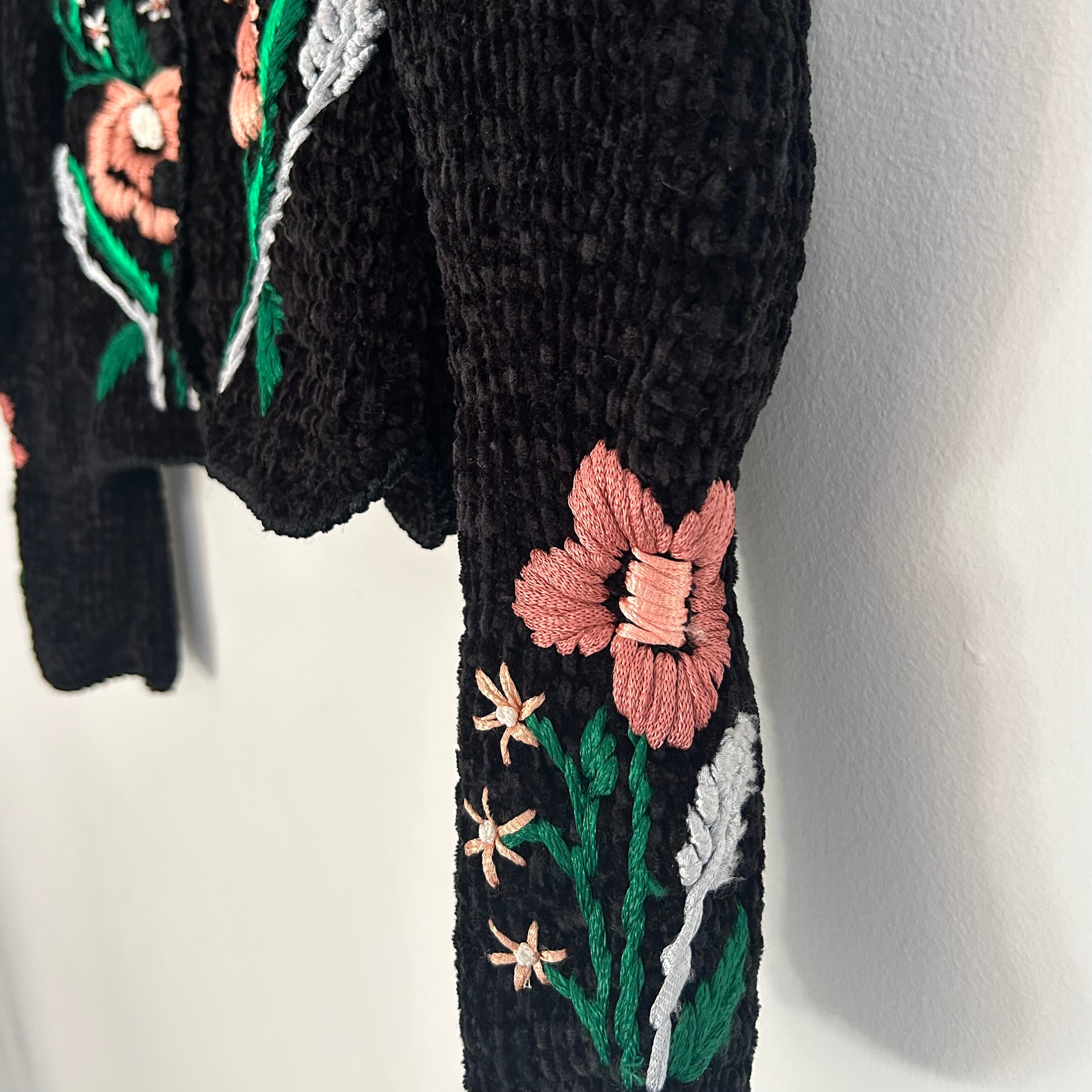 Handmade Black Chenille Floral Cardigan