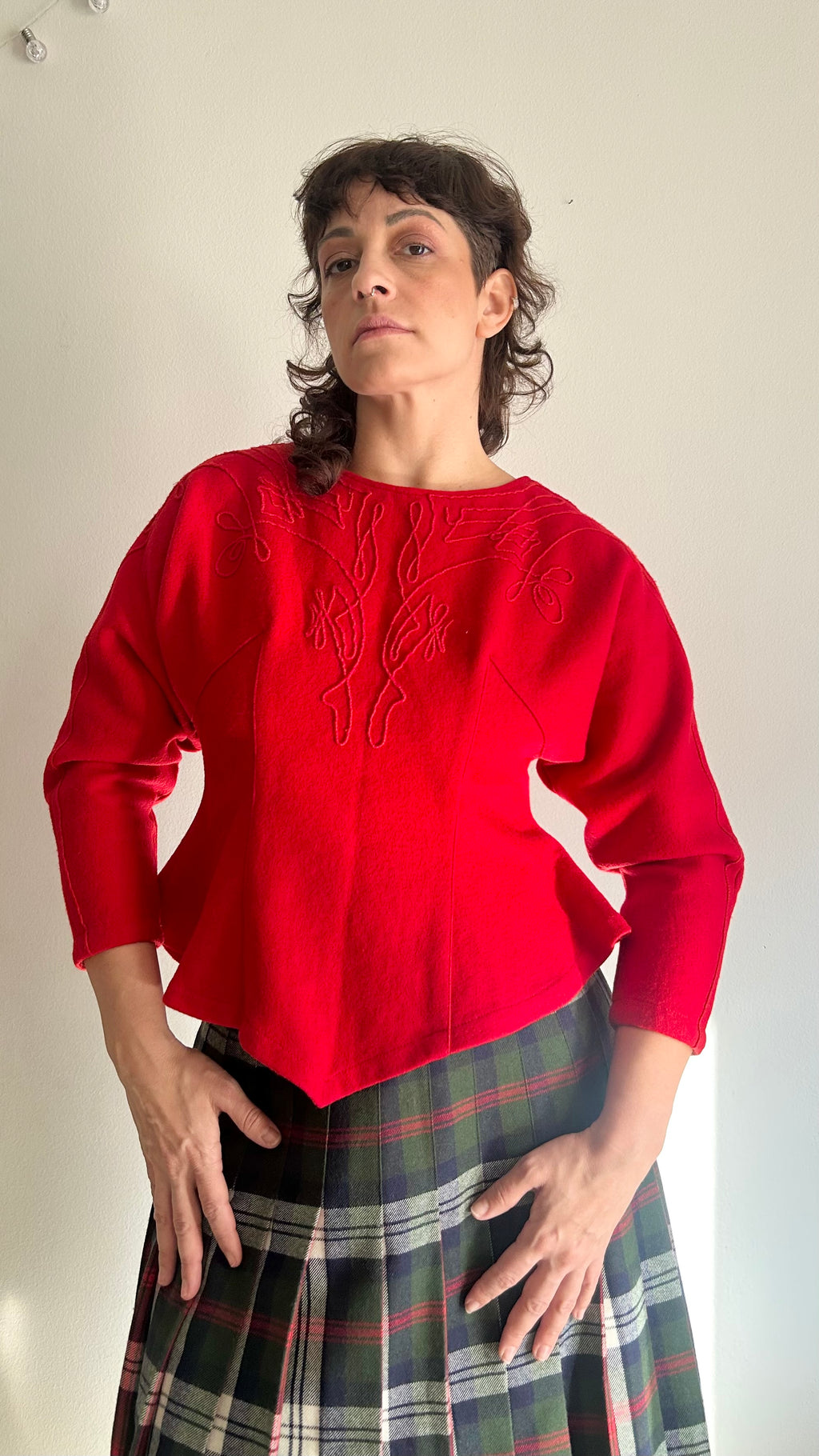 80s Sculptural Red Wool-Blend Blouse