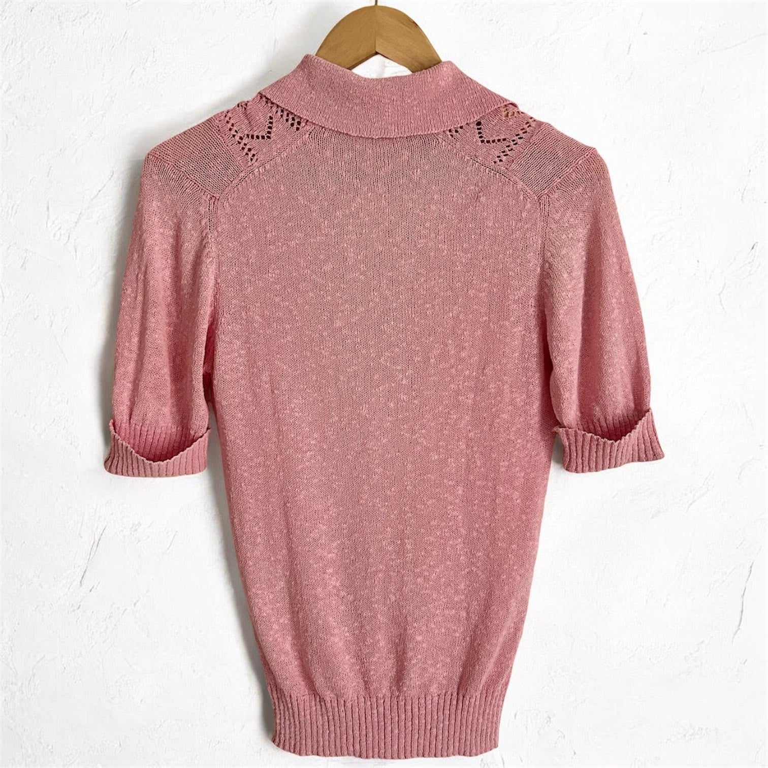 Vintage Romantic Pointelle Knit – Dusty Pink Polo Sweater