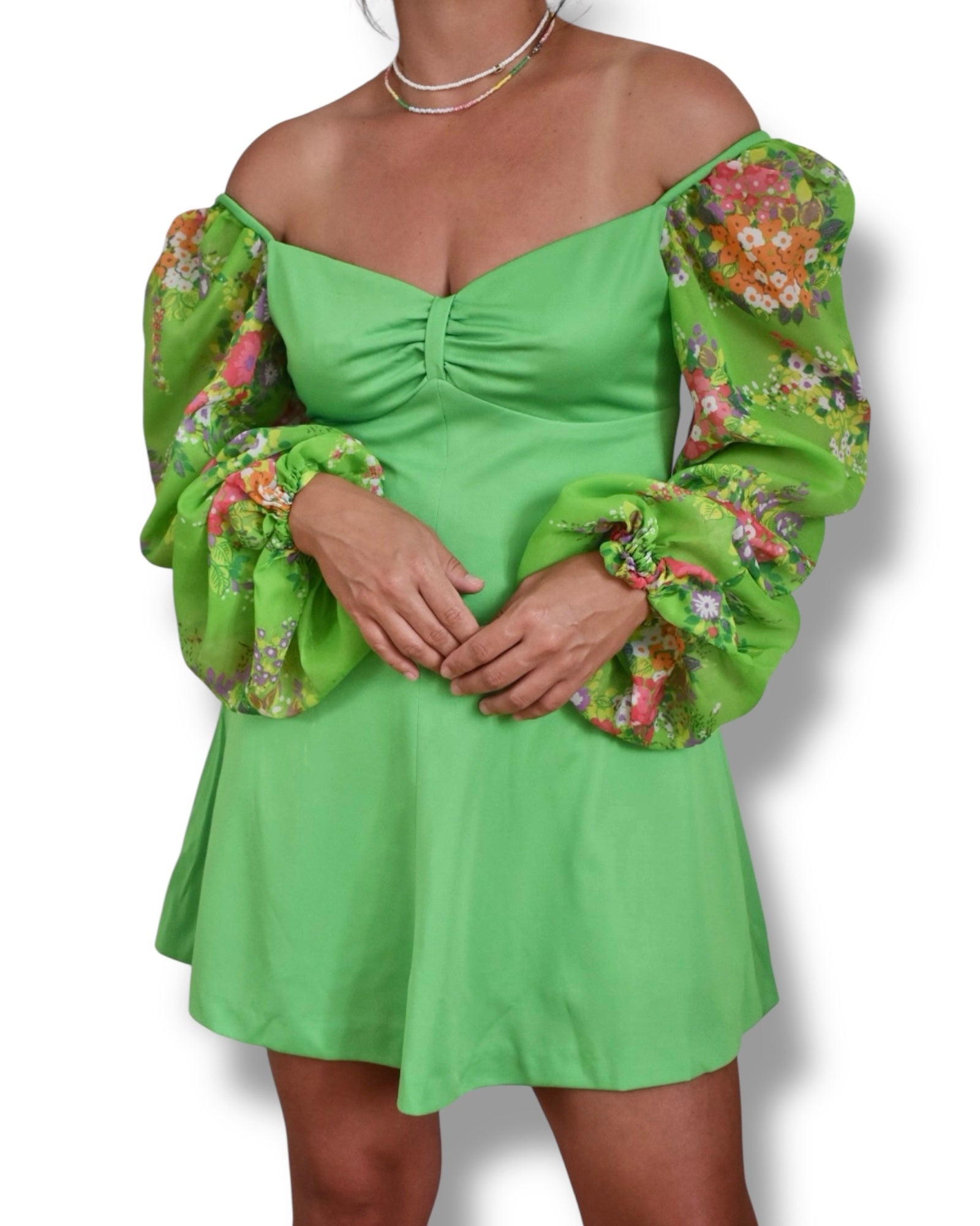 Vintage 1970s Green Mini Dress with Puffy Floral Sleeves