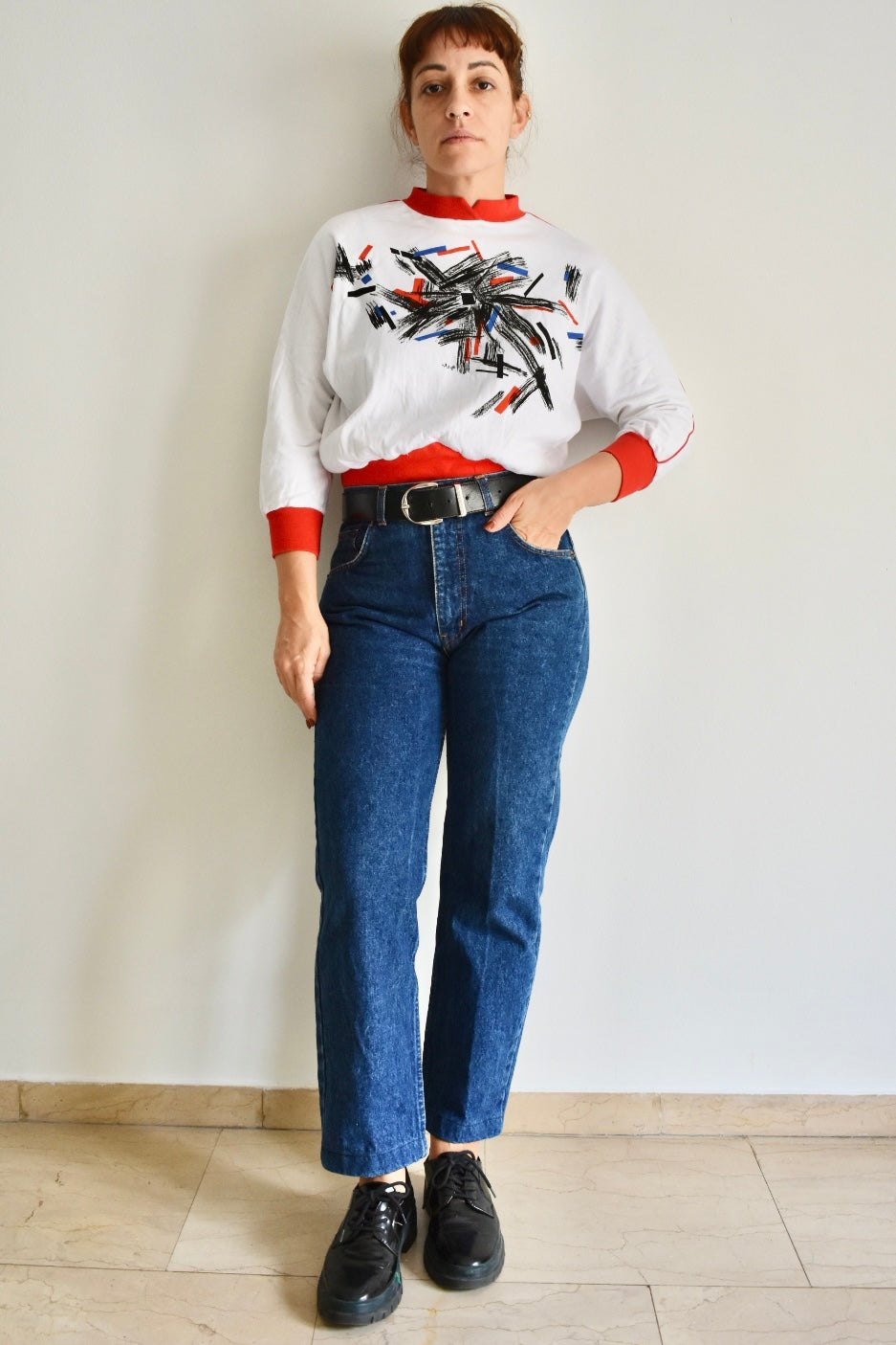 Vintage White 3/4 Sleeve Women’s Shirt with Red Details