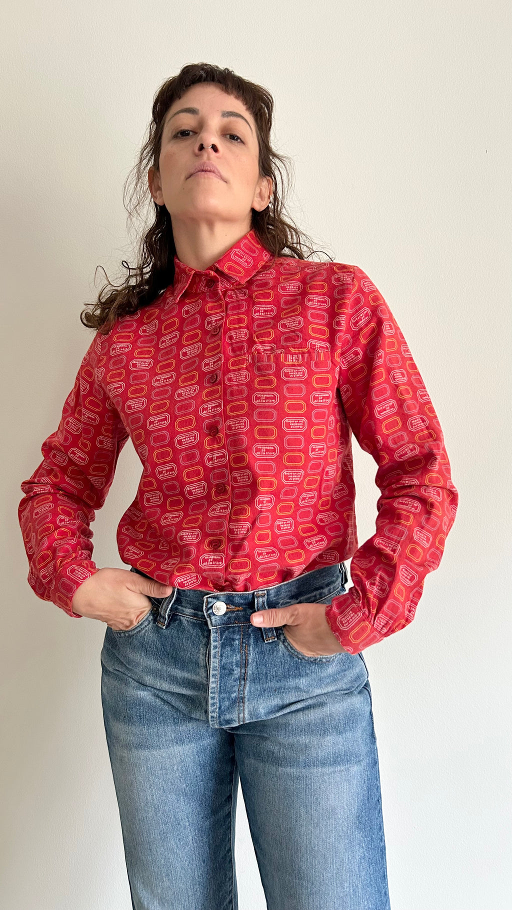 Vintage Red Flannel Shirt with Hexagonal Print