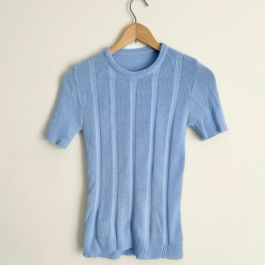 1970s Sky Blue Pointelle Ribbed Knit Top