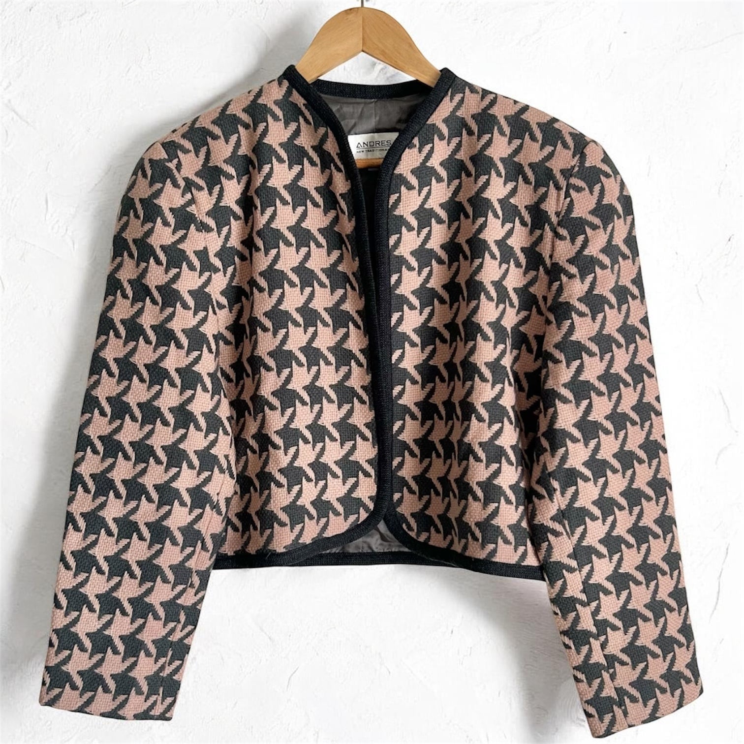 Vintage "Andres" Designer Bolero – Textured Starburst Houndstooth in Grey & Soft Pink