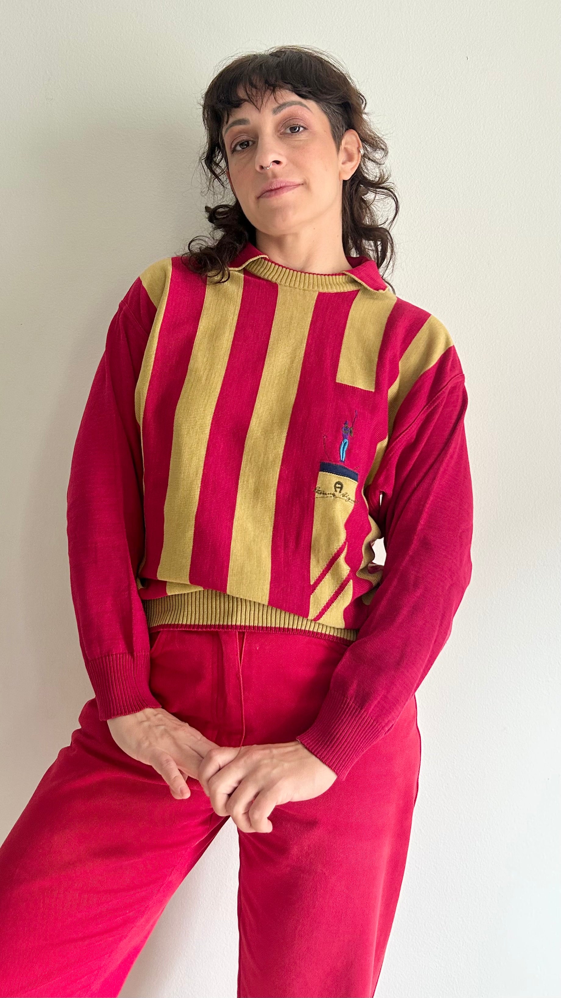 Vintage Etienne Aigner Striped Long Sleeve Polo