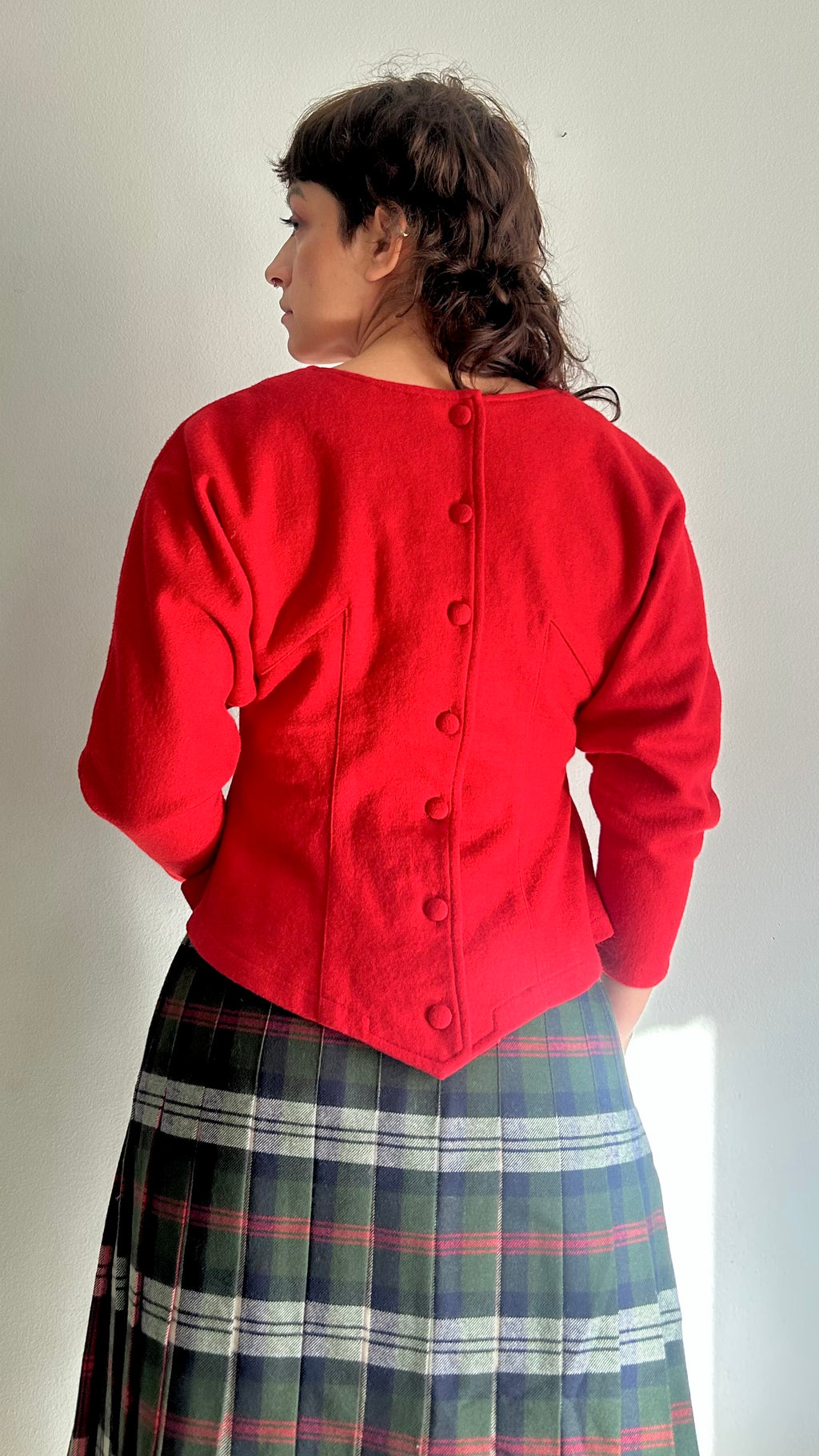 80s Sculptural Red Wool-Blend Blouse