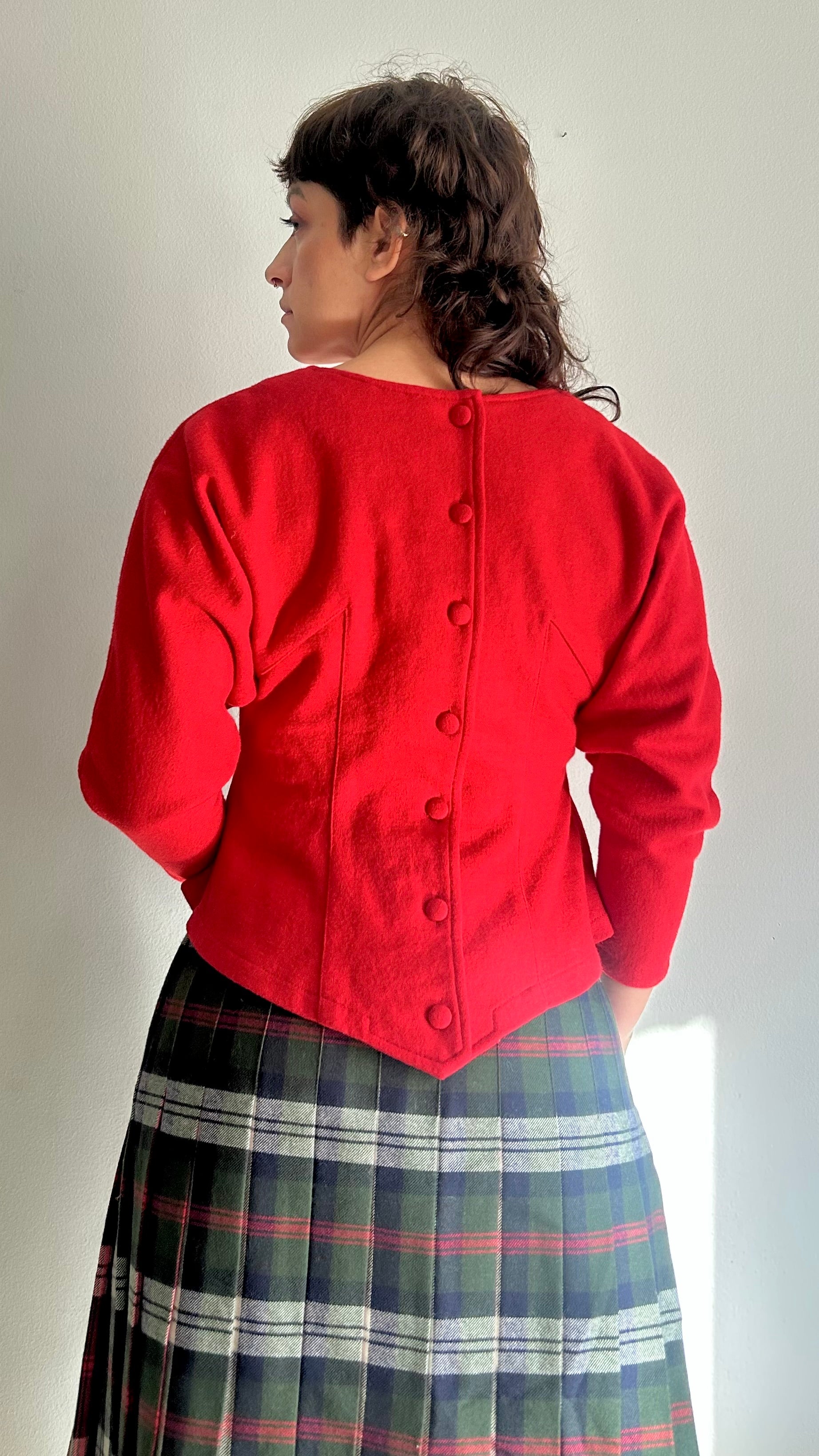 80s Sculptural Red Wool-Blend Blouse