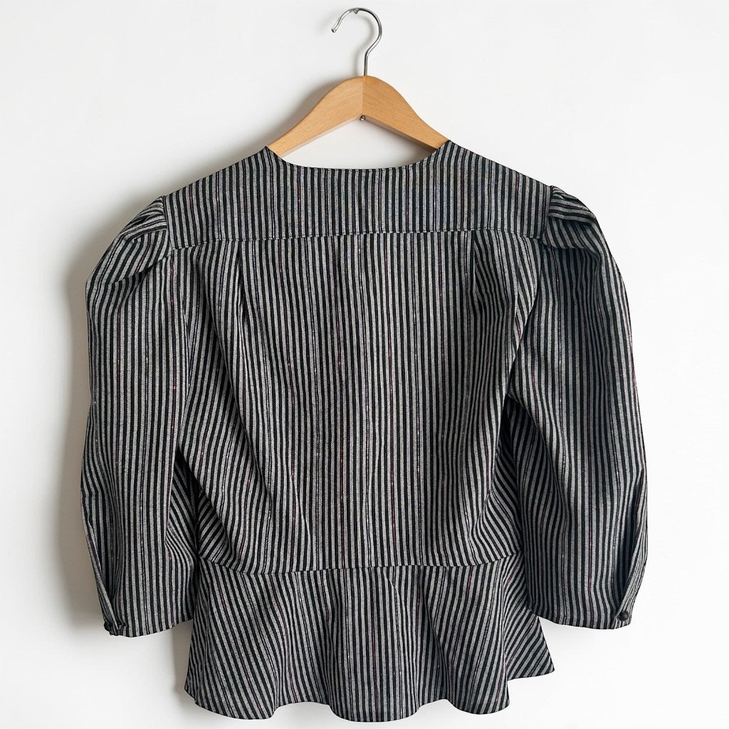 Vintage 80s Striped Peplum Blouse • Puff Sleeves • Metallic Sparkle