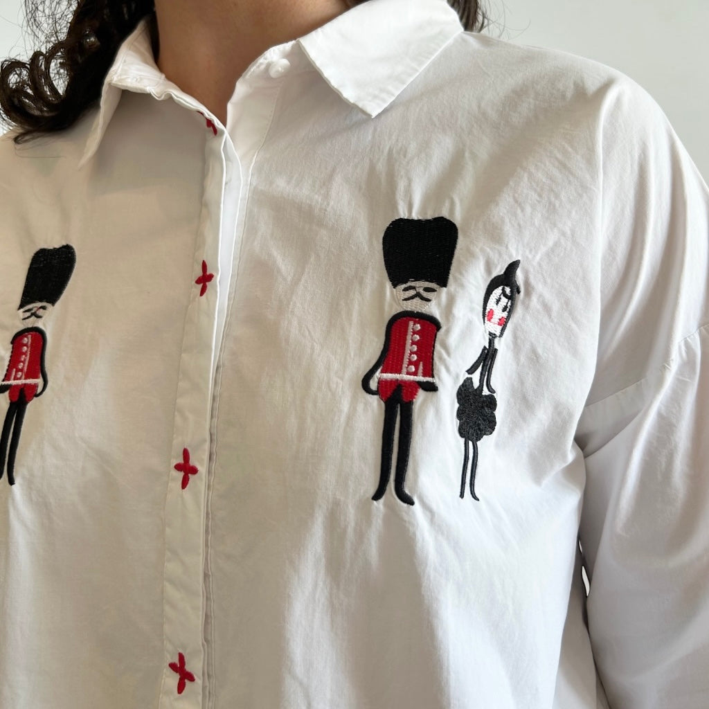 Whimsical Embroidered White Shirt • London Guard & Character Motifs