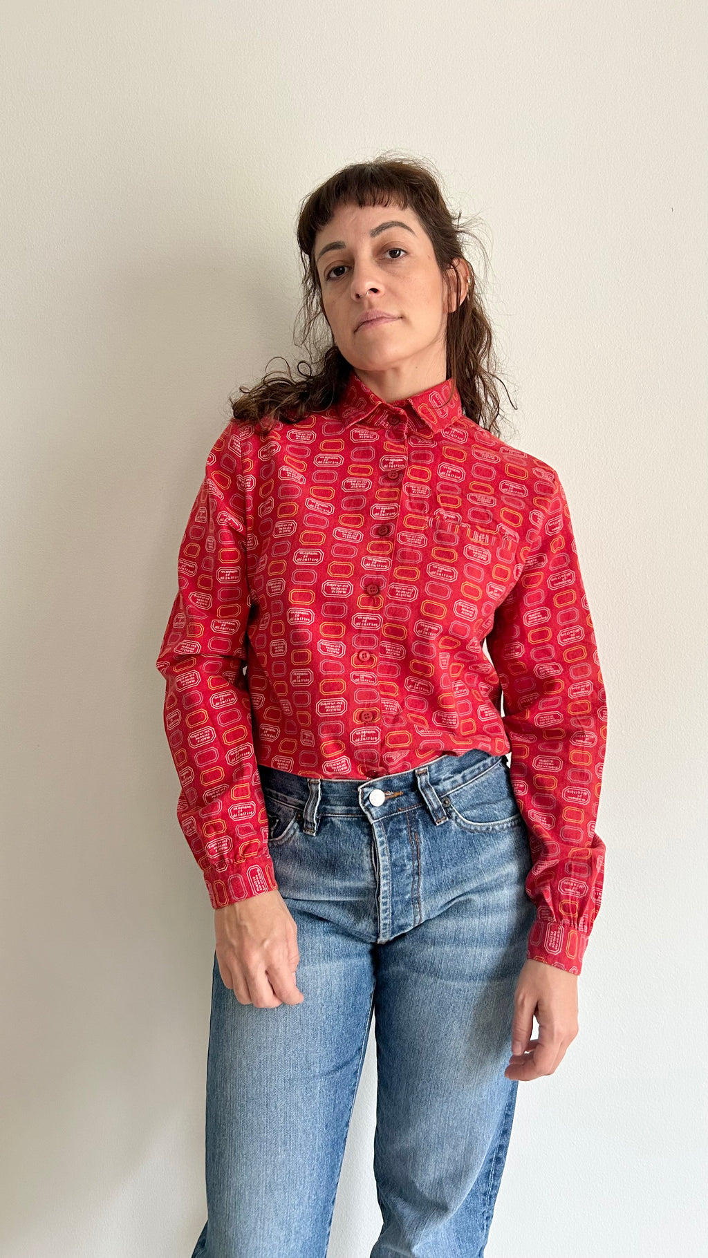 Vintage Red Flannel Shirt with Hexagonal Print