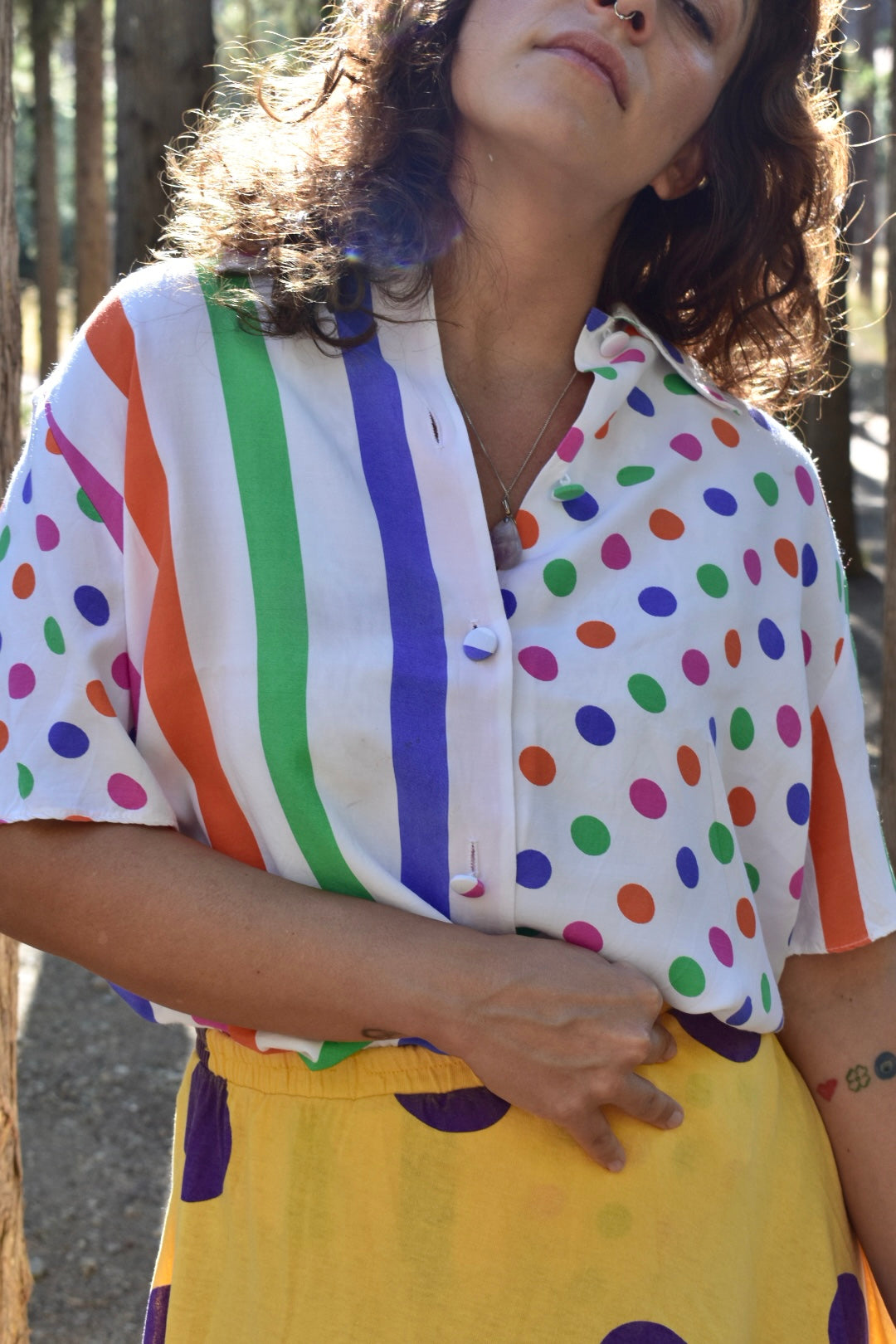Short-Sleeve Button-Up Shirt with Colorful Stripes & Polka Dots