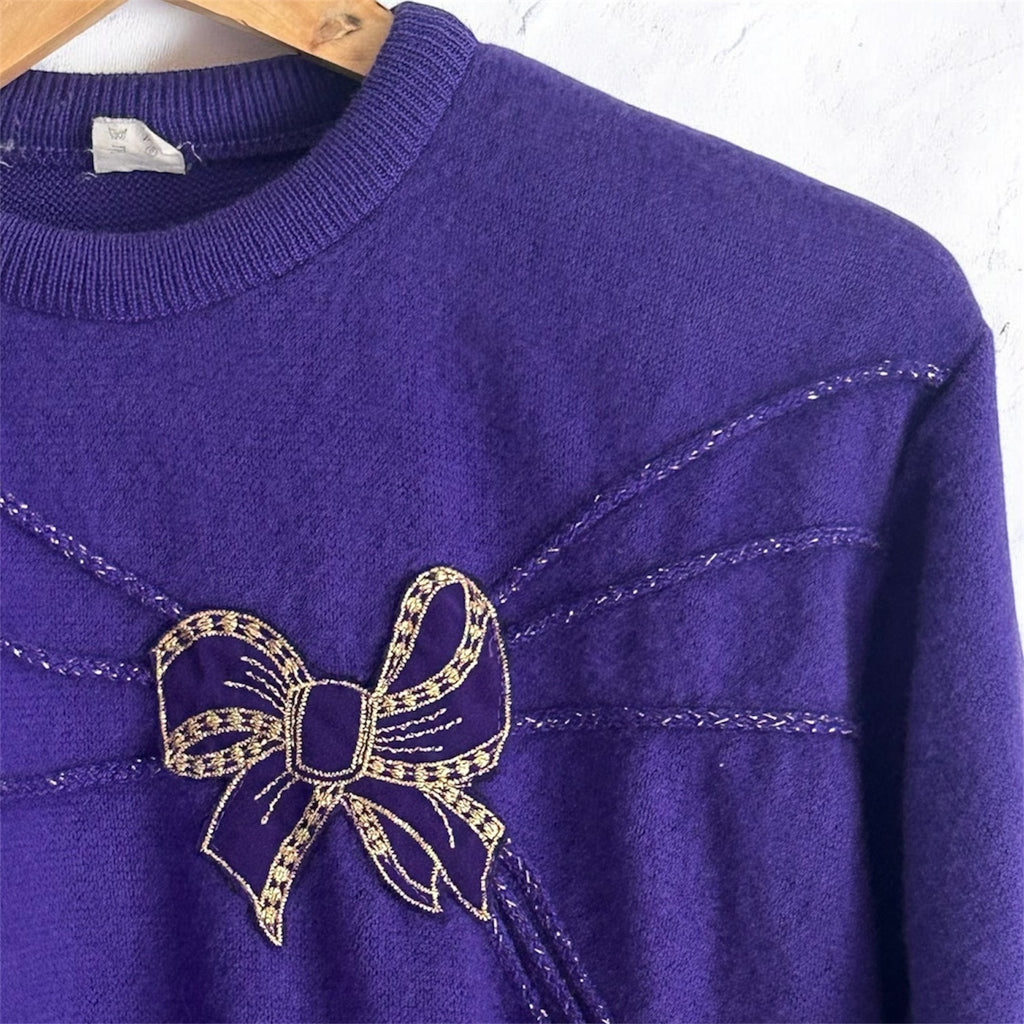 Vintage 80s Statement Knit – Royal Purple & Gold Bow Detail