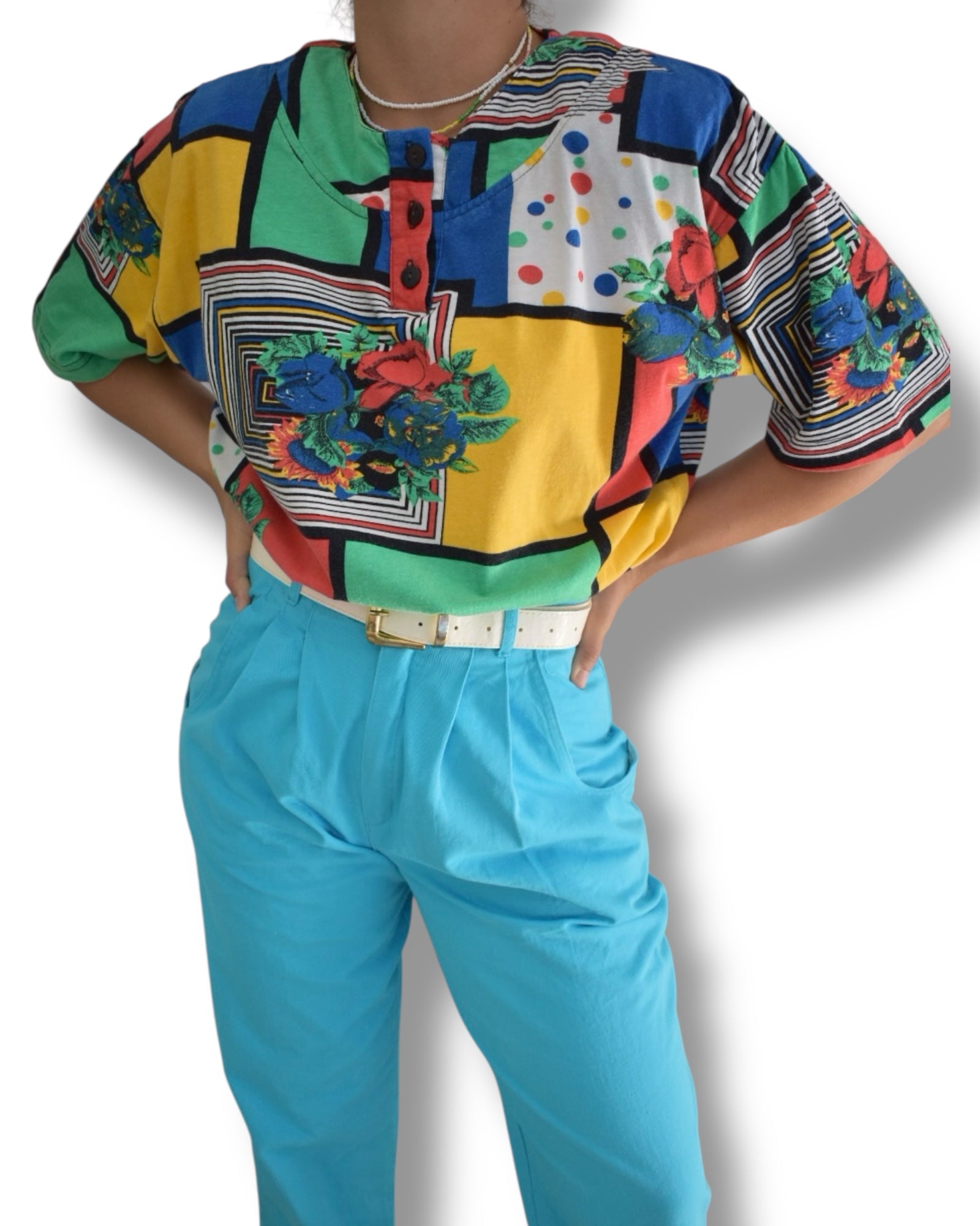 Vintage T-Shirt – Color Block & Pattern Mix with Shoulder Pads