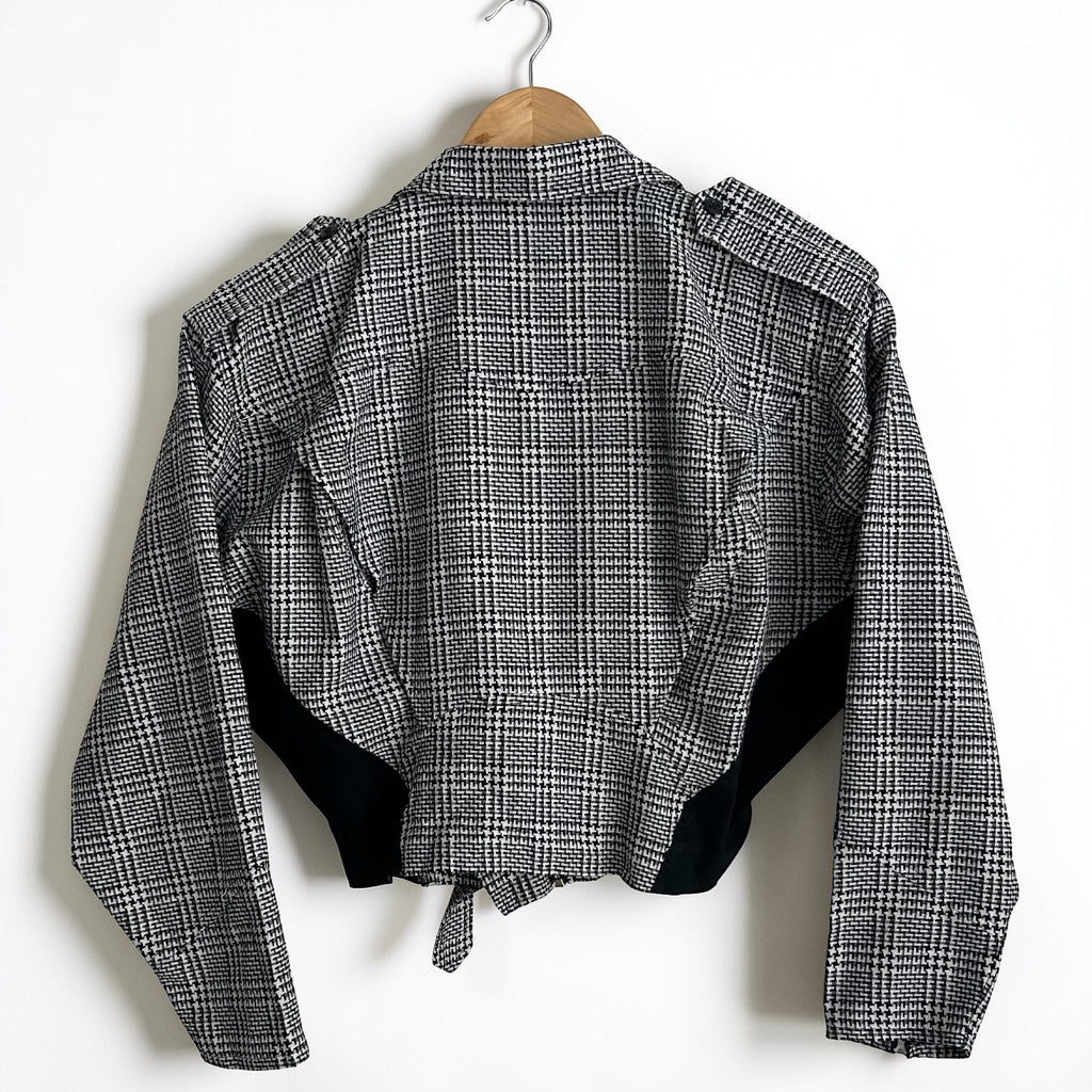 80s Houndstooth Plaid Moto Jacket • Padded Shoulders • Belted Waist