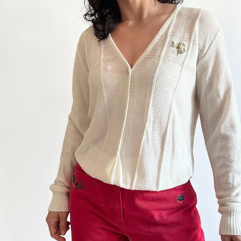 Vintage Italian Knit Cardigan • Delicate Floral Embroidery
