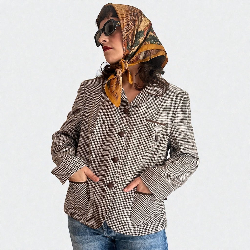 Vintage Houndstooth Virgin Wool Blend Blazer - Brown & Cream