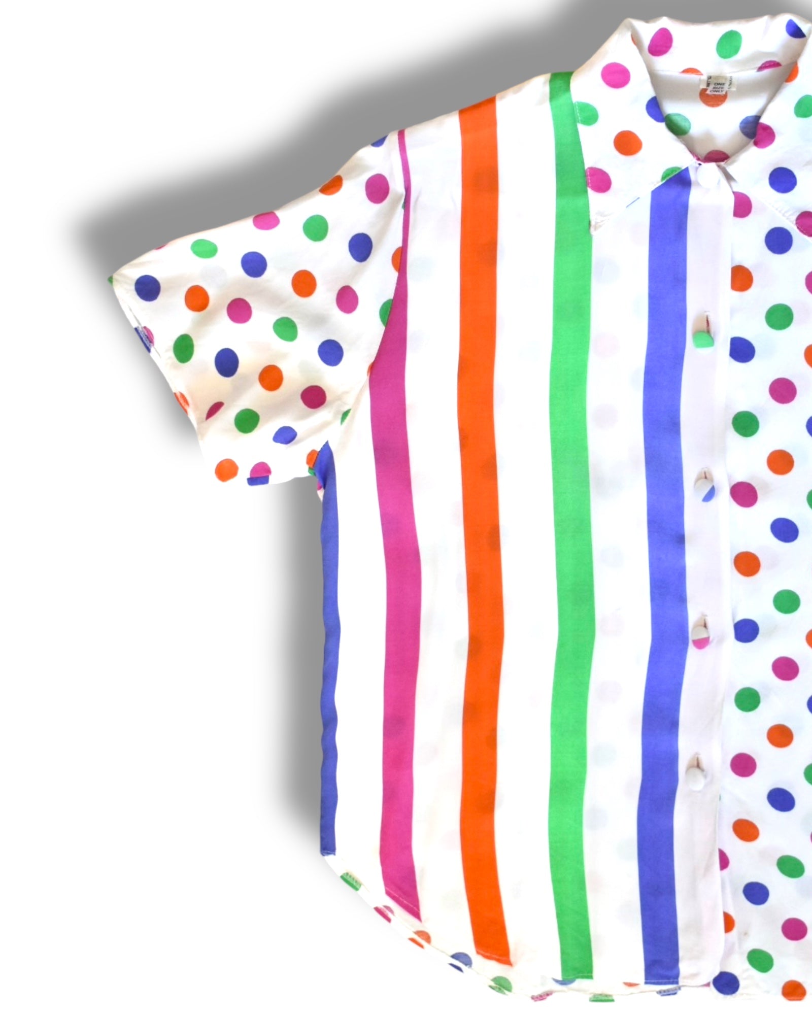 Short-Sleeve Button-Up Shirt with Colorful Stripes & Polka Dots